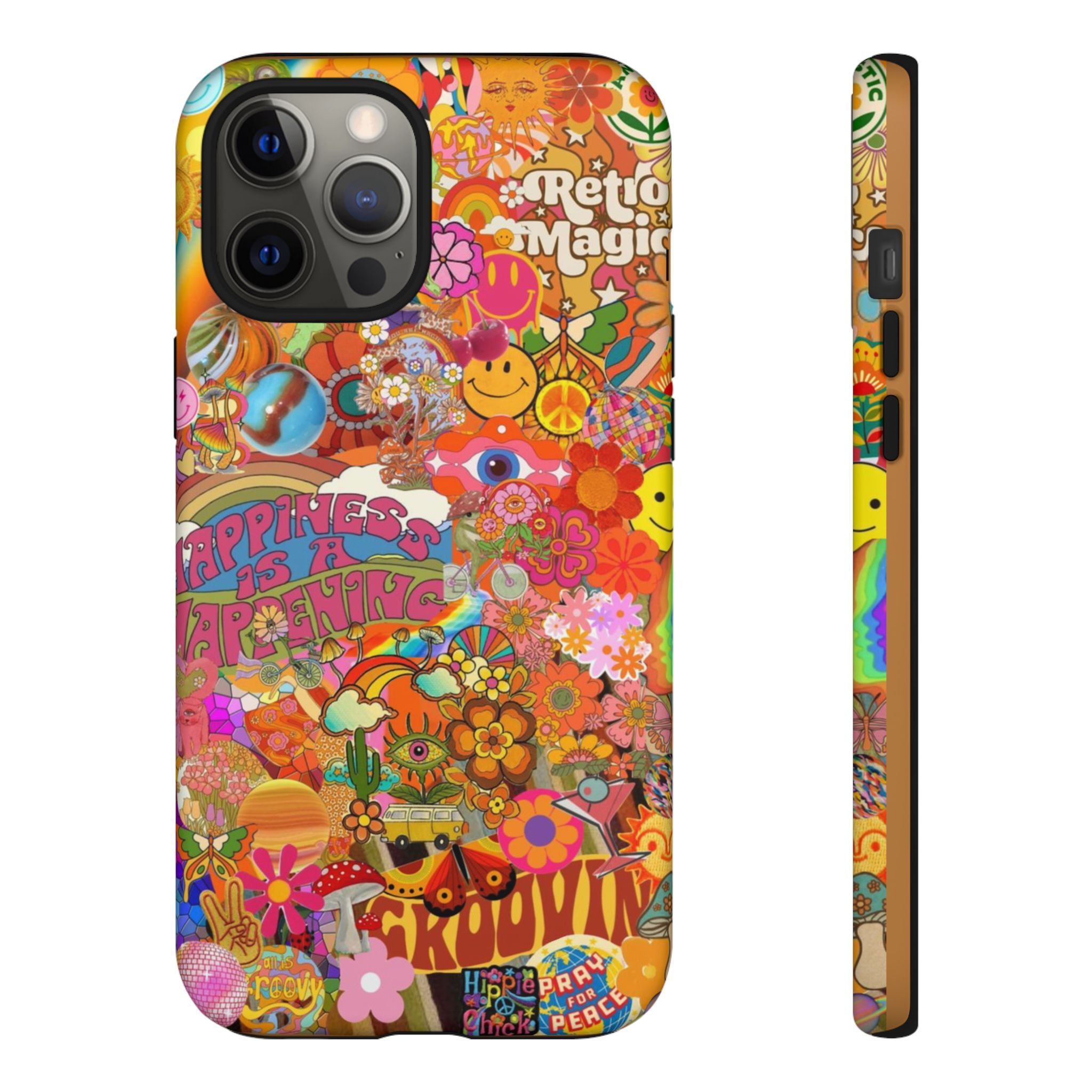 Happiness Is Happening – Groovy Hippie Retro Collage iPhone Case