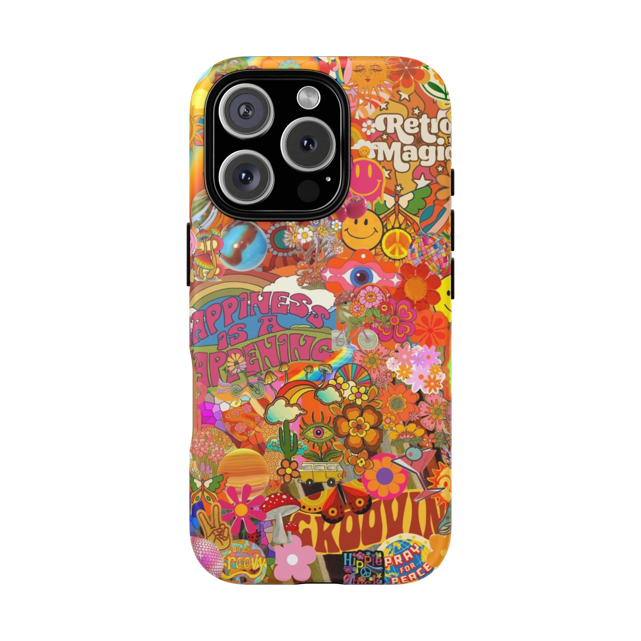 Happiness Is Happening – Groovy Hippie Retro Collage iPhone Case