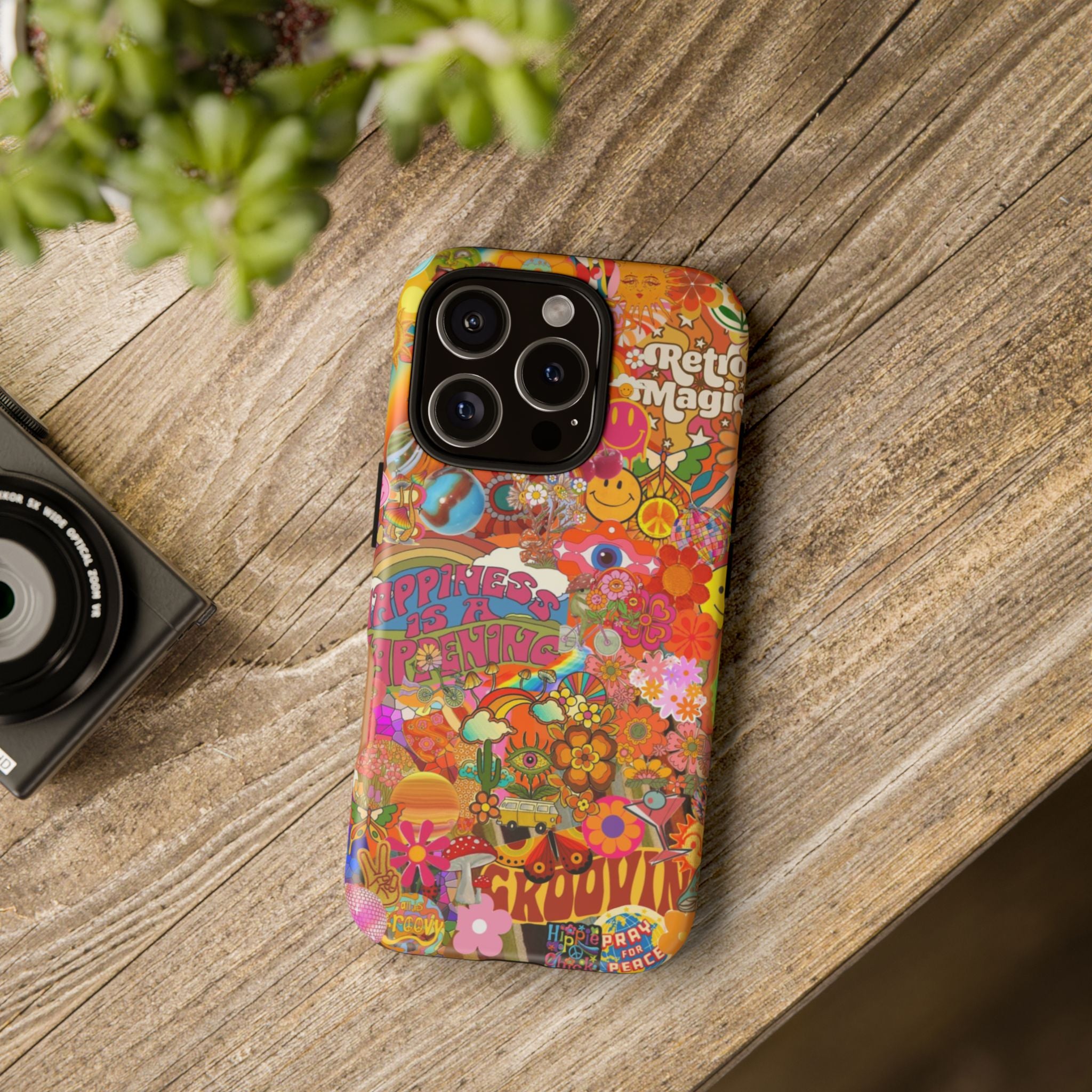 Happiness Is Happening – Groovy Hippie Retro Collage iPhone Case