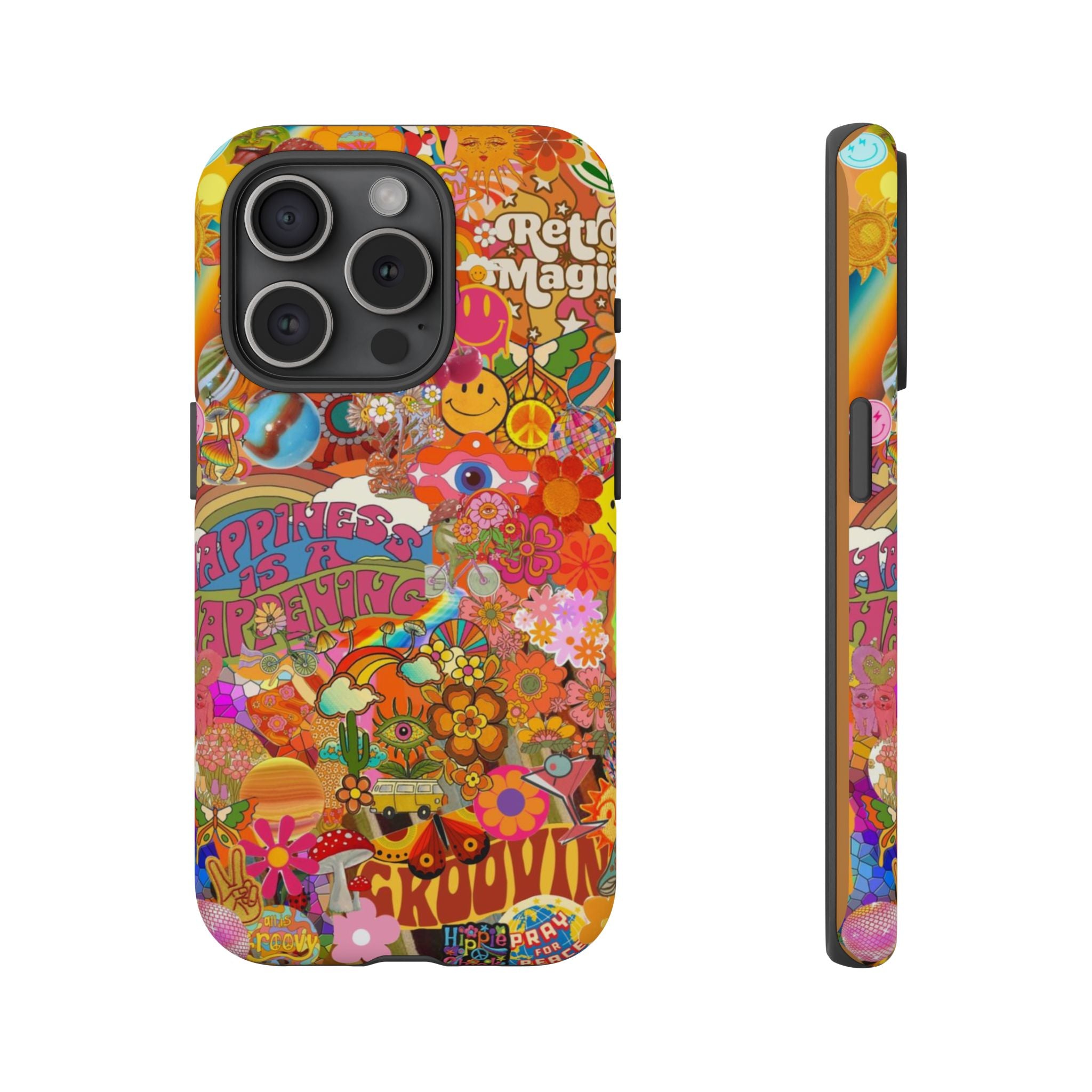 Happiness Is Happening – Groovy Hippie Retro Collage iPhone Case
