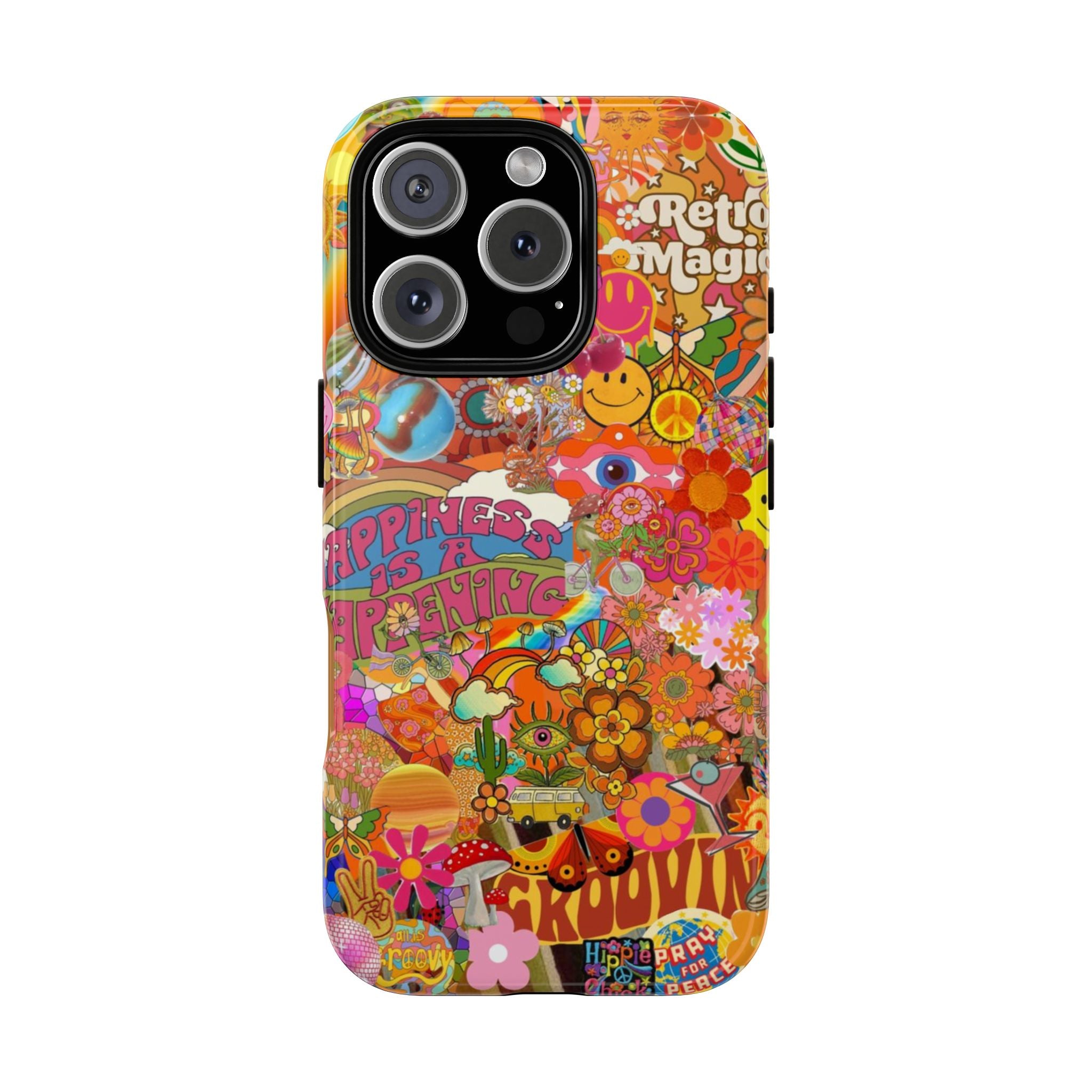 Happiness Is Happening – Groovy Hippie Retro Collage iPhone Case
