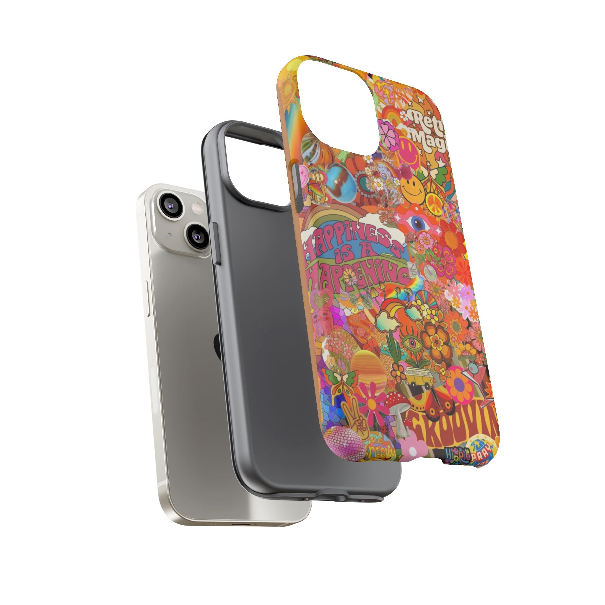 Happiness Is Happening – Groovy Hippie Retro Collage iPhone Case