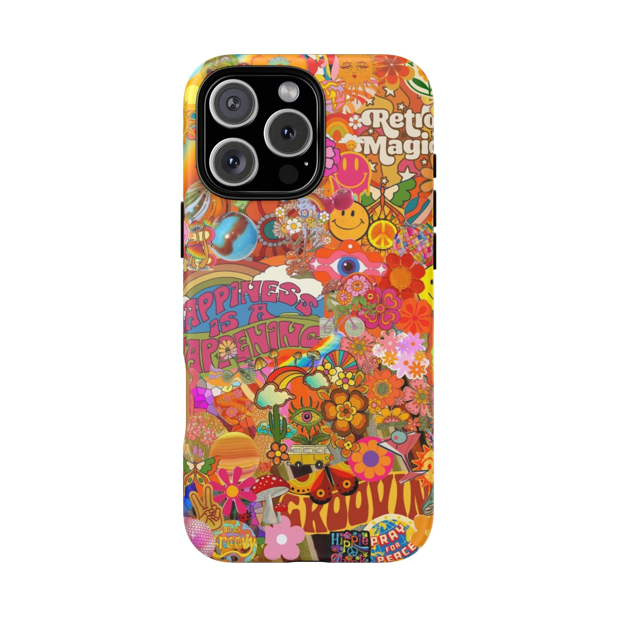 Happiness Is Happening – Groovy Hippie Retro Collage iPhone Case