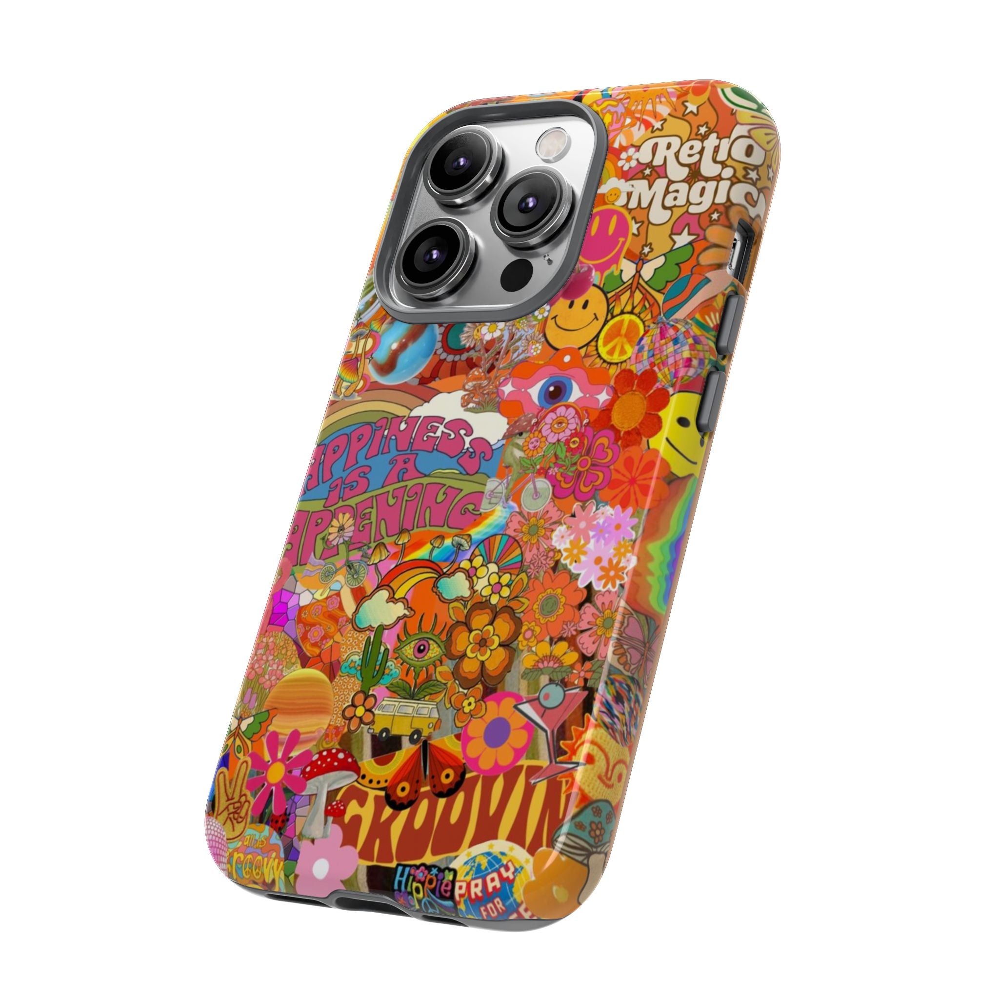 Happiness Is Happening – Groovy Hippie Retro Collage iPhone Case
