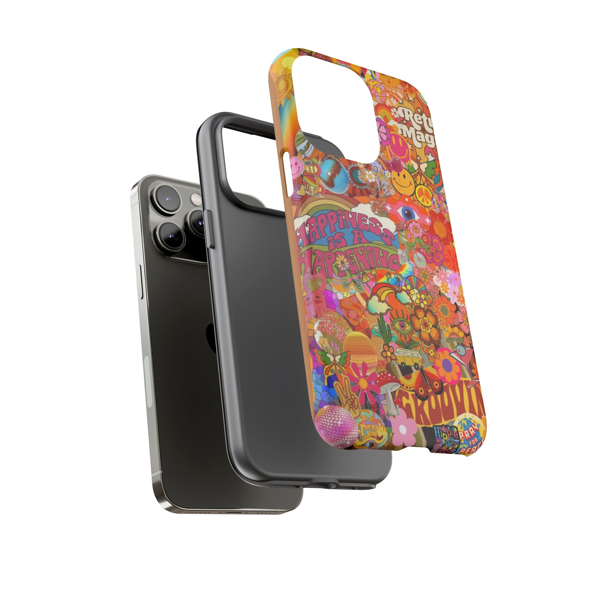Happiness Is Happening – Groovy Hippie Retro Collage iPhone Case