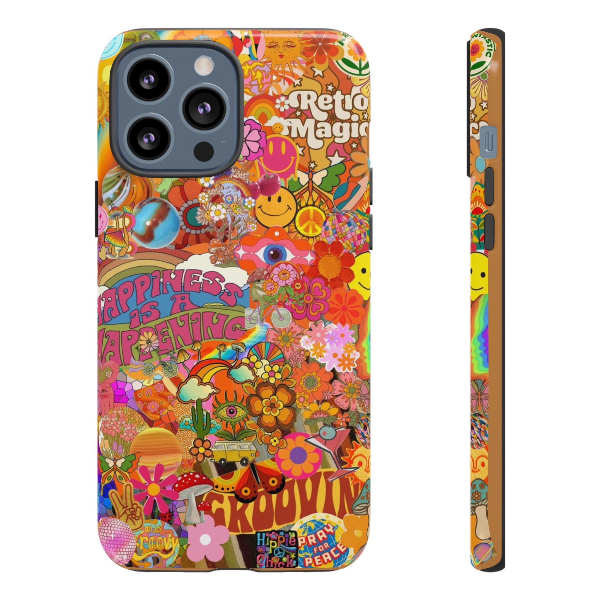 Happiness Is Happening – Groovy Hippie Retro Collage iPhone Case
