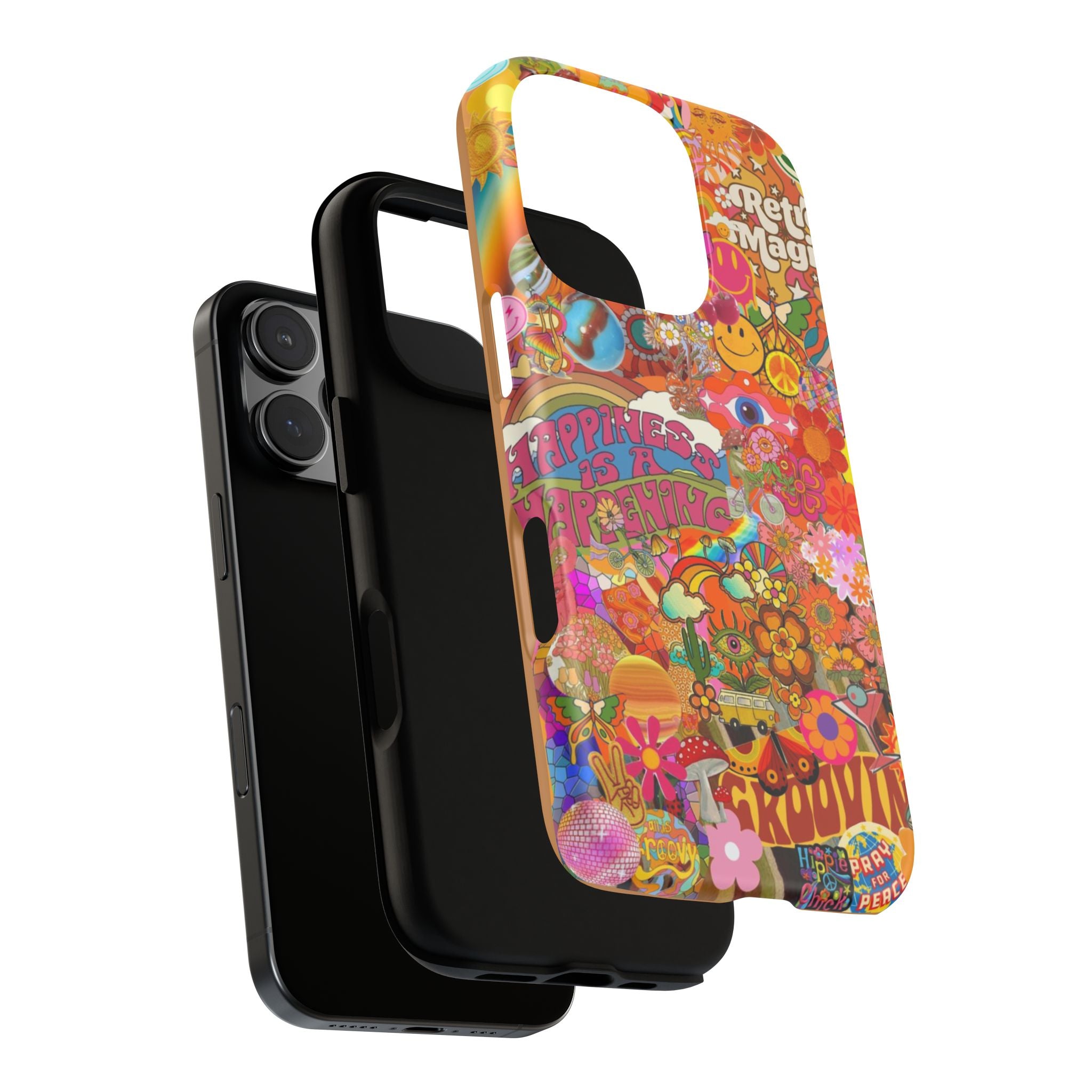 Happiness Is Happening – Groovy Hippie Retro Collage iPhone Case