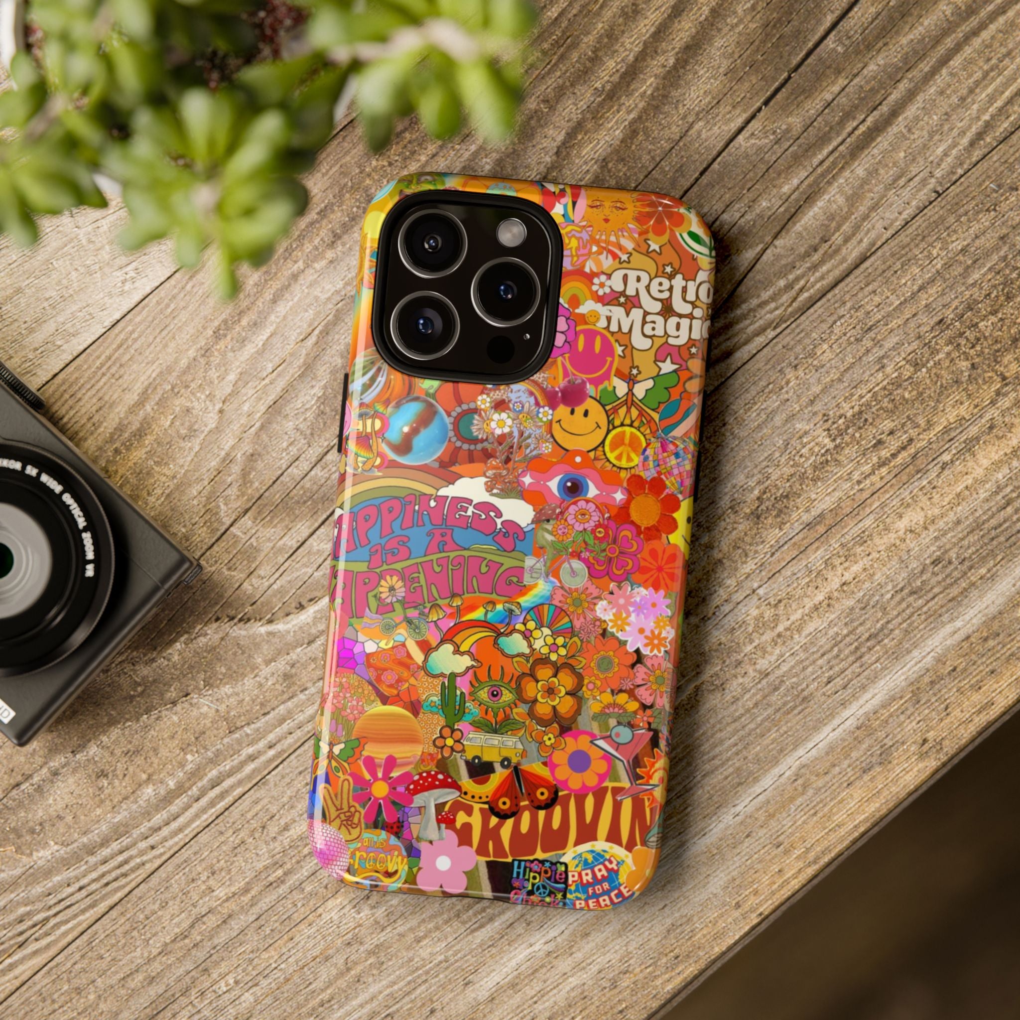 Happiness Is Happening – Groovy Hippie Retro Collage iPhone Case