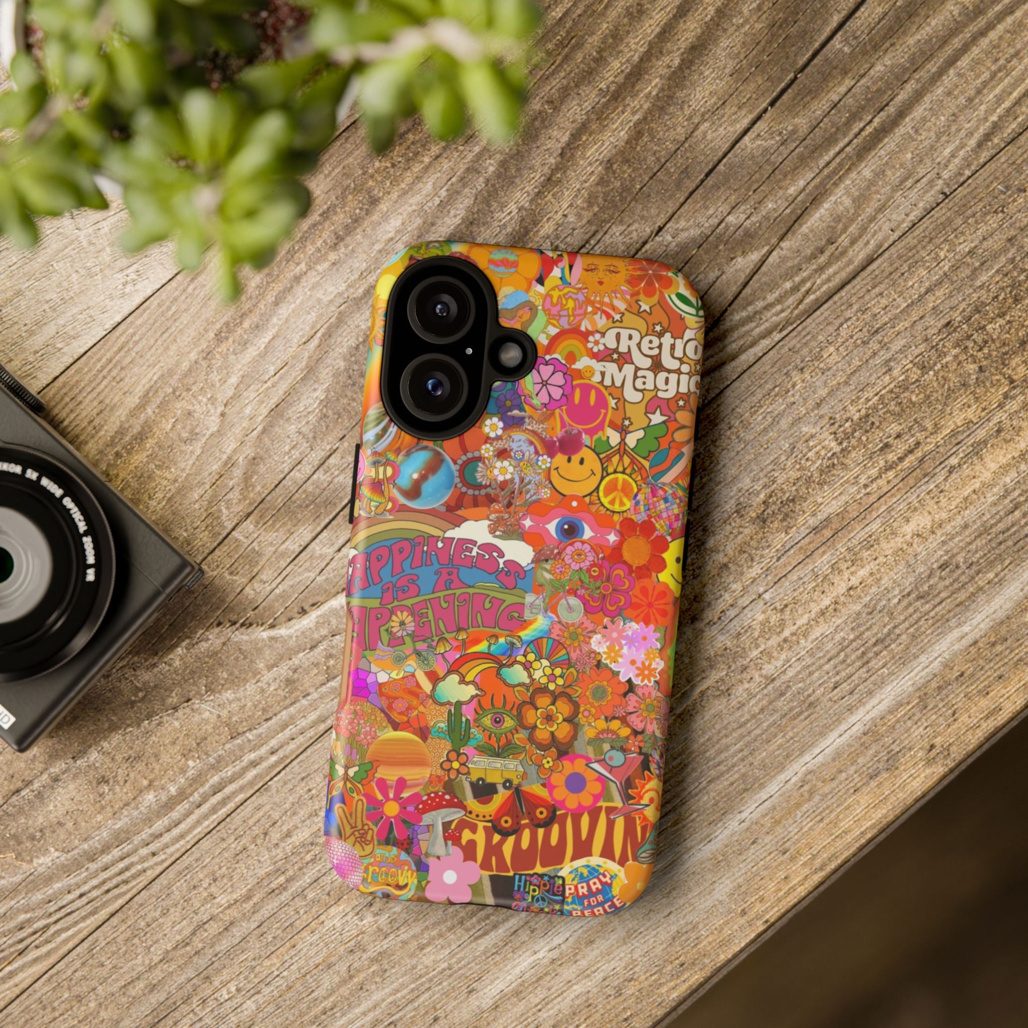 Happiness Is Happening – Groovy Hippie Retro Collage iPhone Case