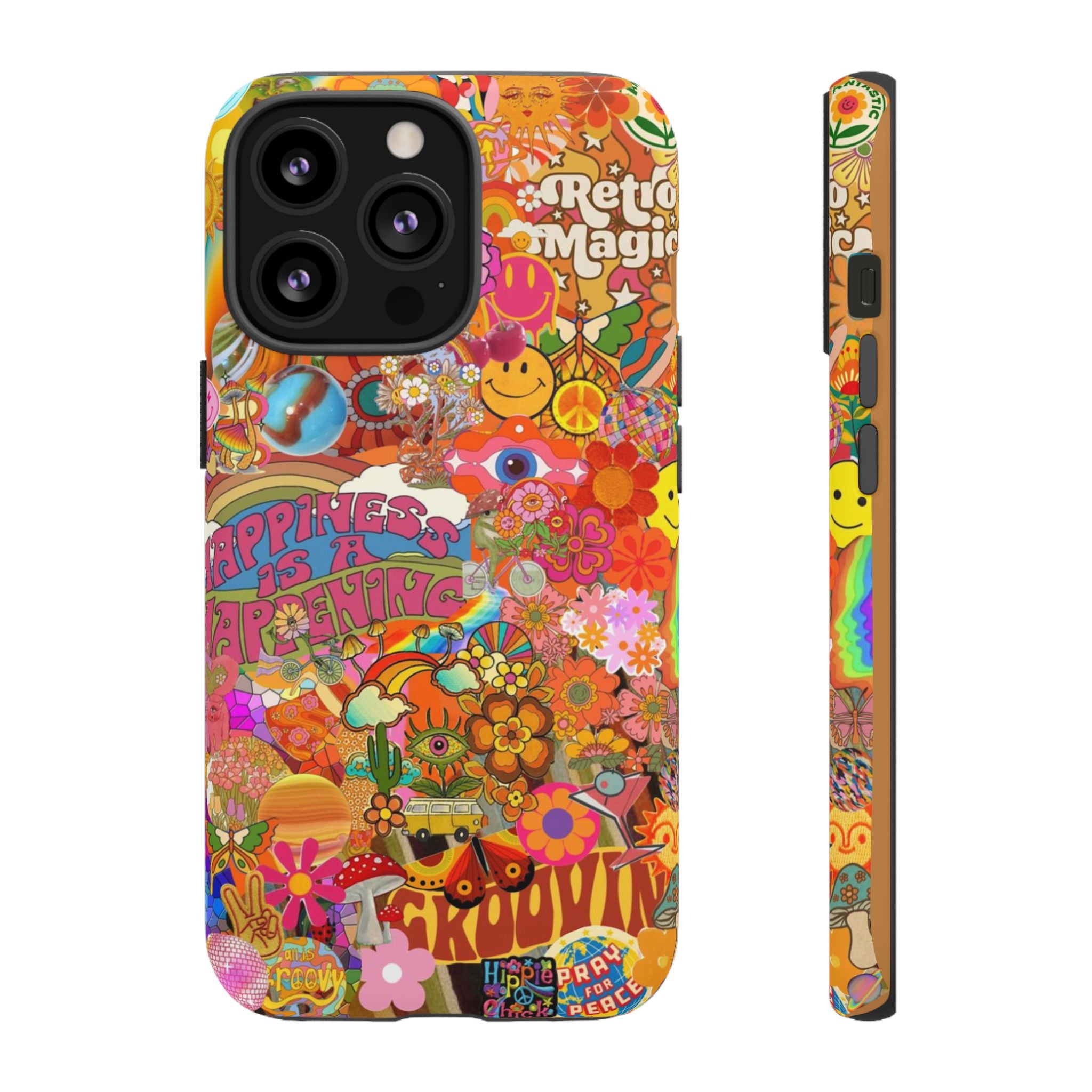 Happiness Is Happening – Groovy Hippie Retro Collage iPhone Case