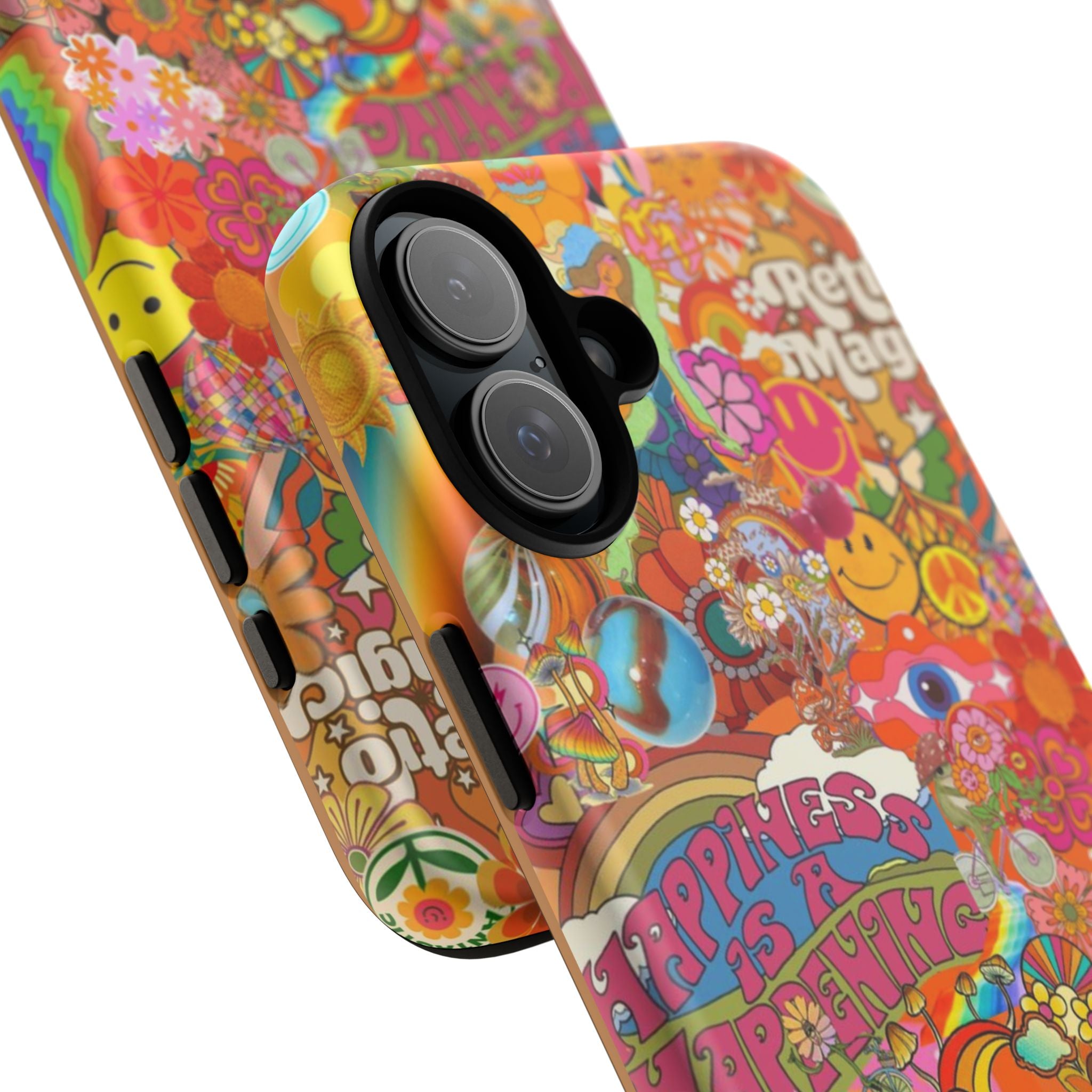 Happiness Is Happening – Groovy Hippie Retro Collage iPhone Case