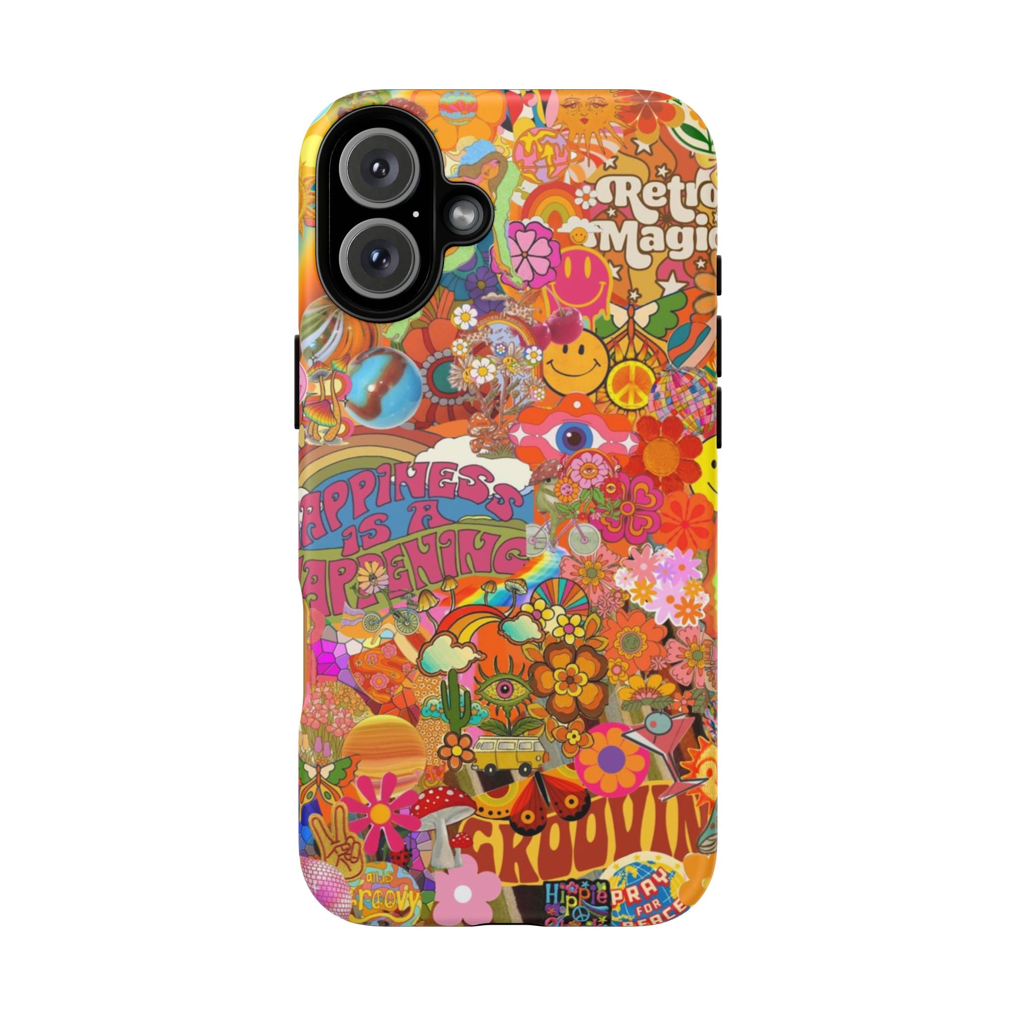 Happiness Is Happening – Groovy Hippie Retro Collage iPhone Case
