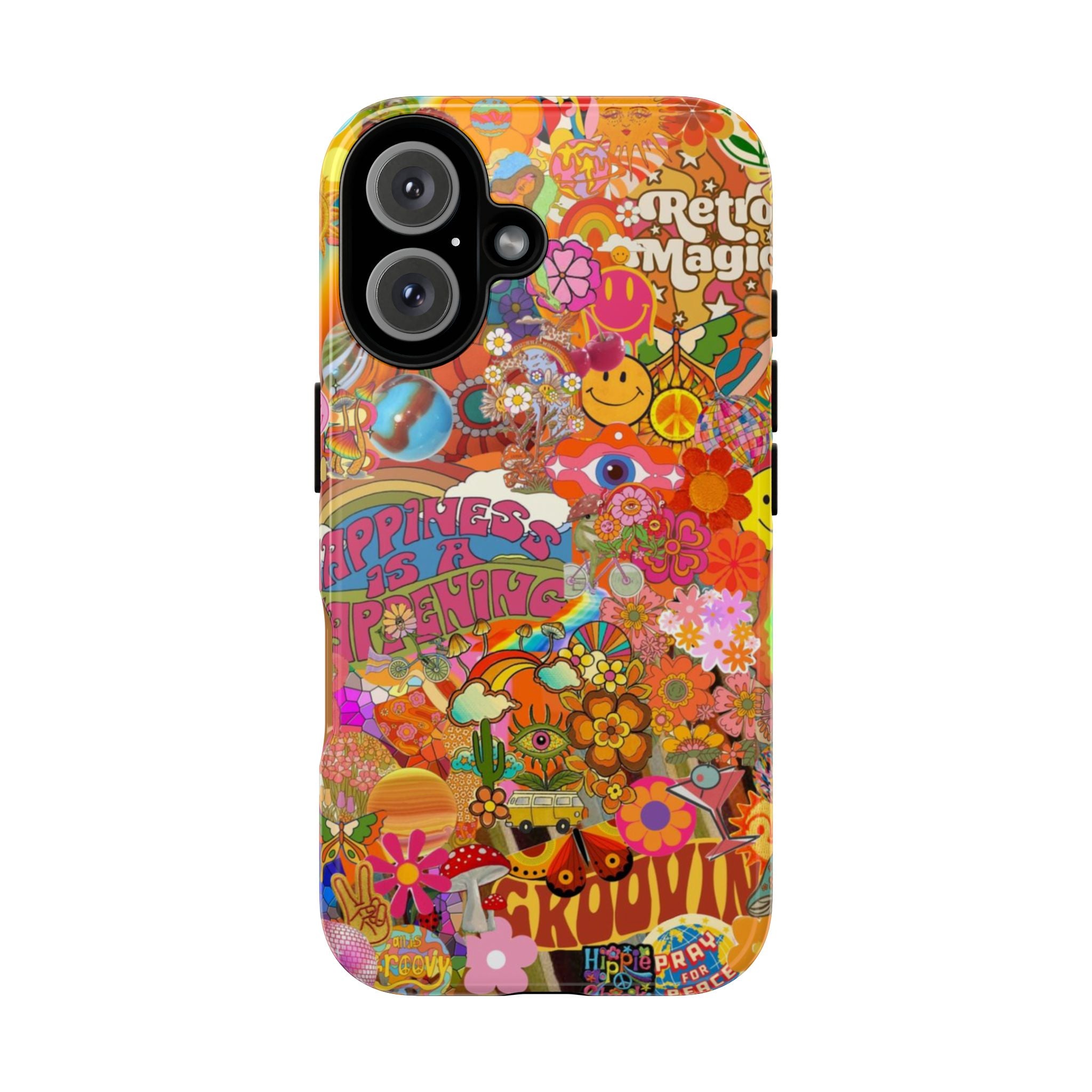 Happiness Is Happening – Groovy Hippie Retro Collage iPhone Case