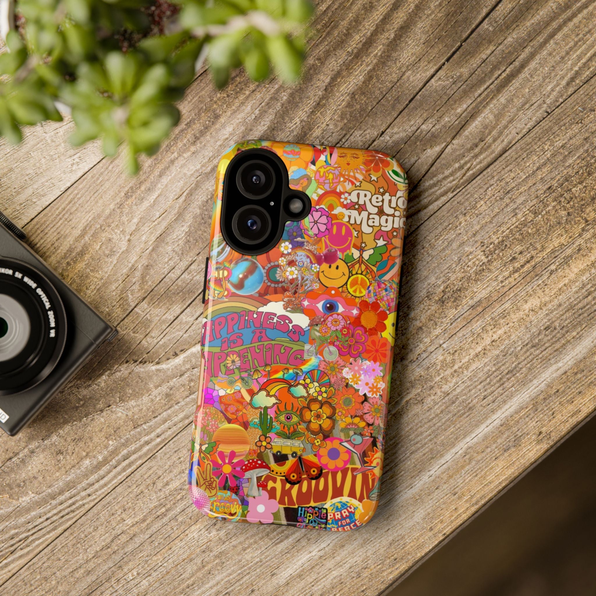 Happiness Is Happening – Groovy Hippie Retro Collage iPhone Case