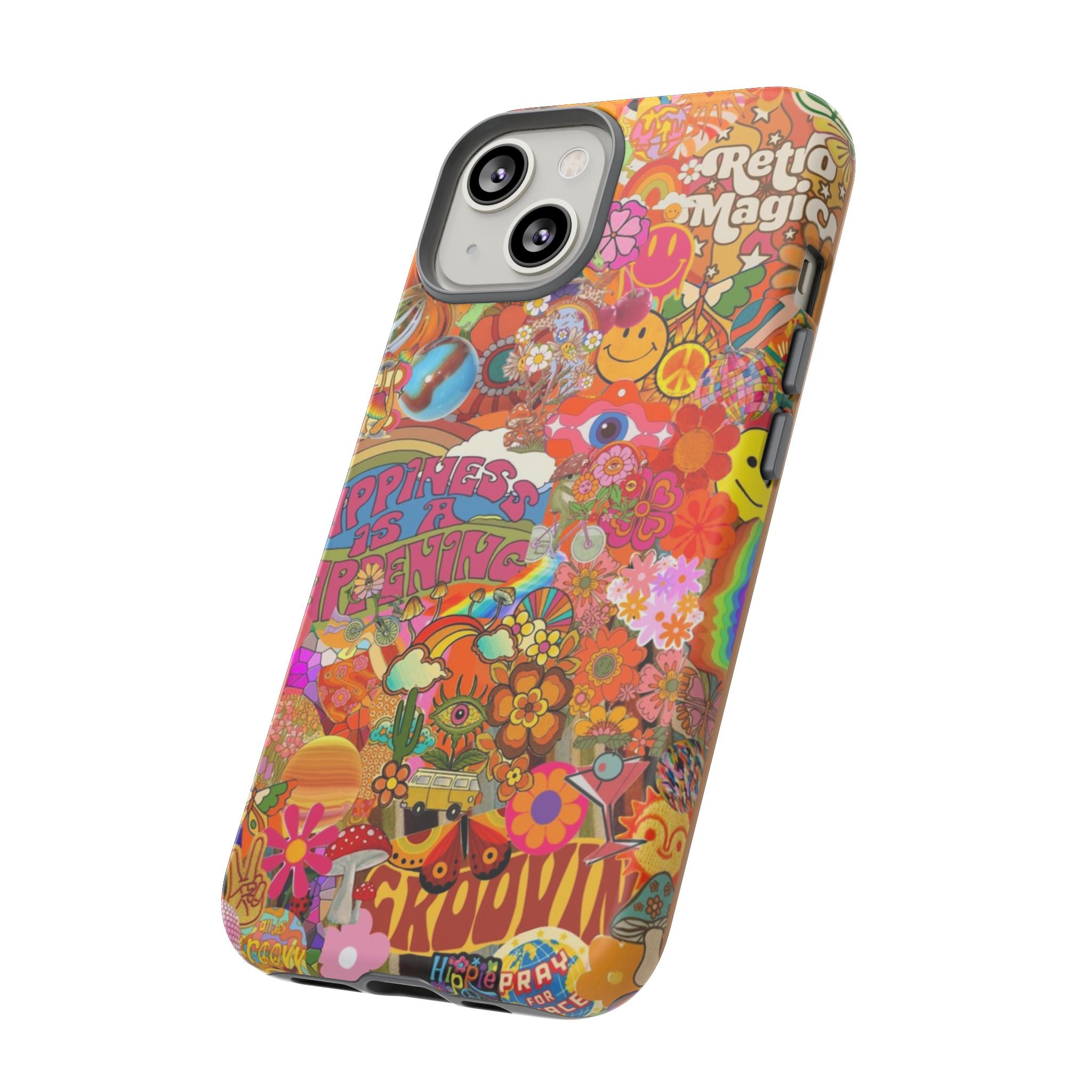 Happiness Is Happening – Groovy Hippie Retro Collage iPhone Case