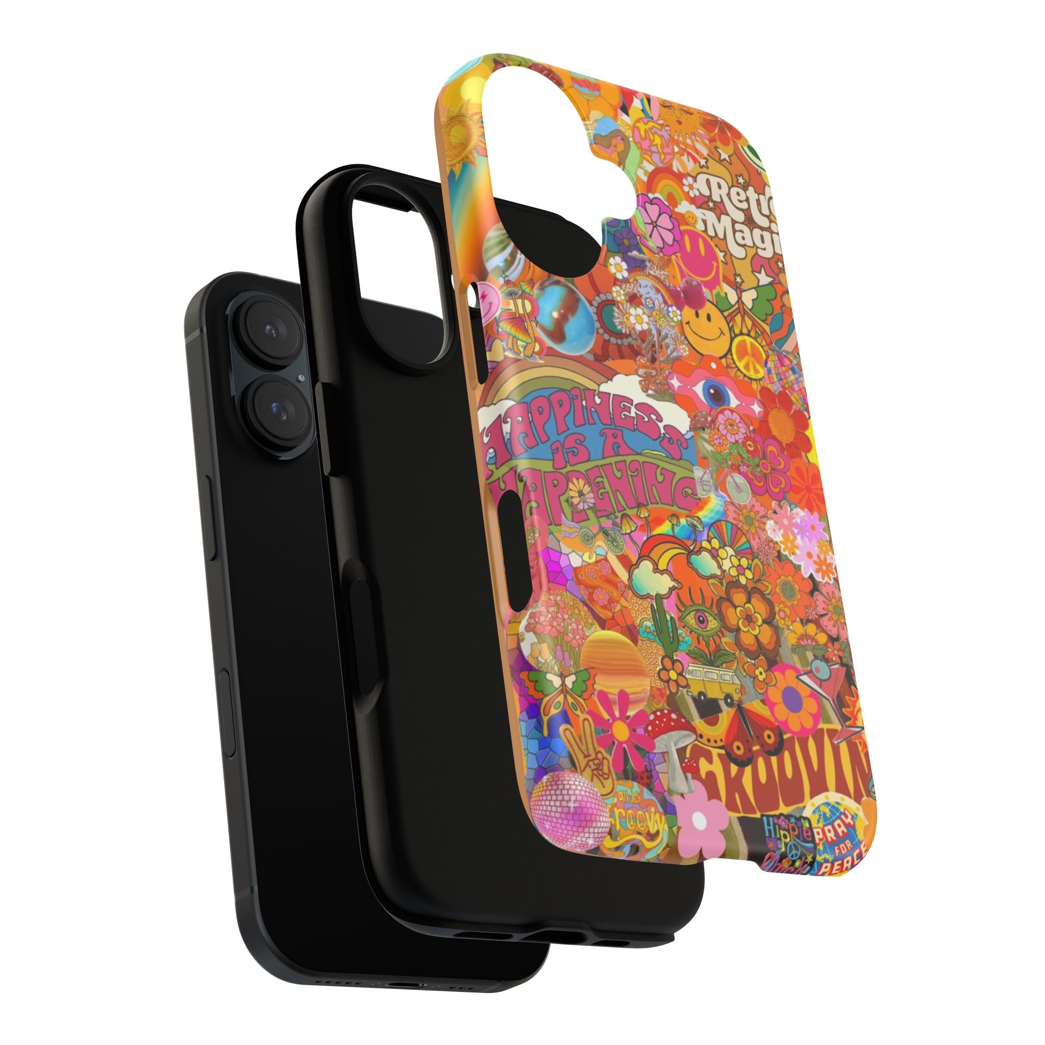 Happiness Is Happening – Groovy Hippie Retro Collage iPhone Case