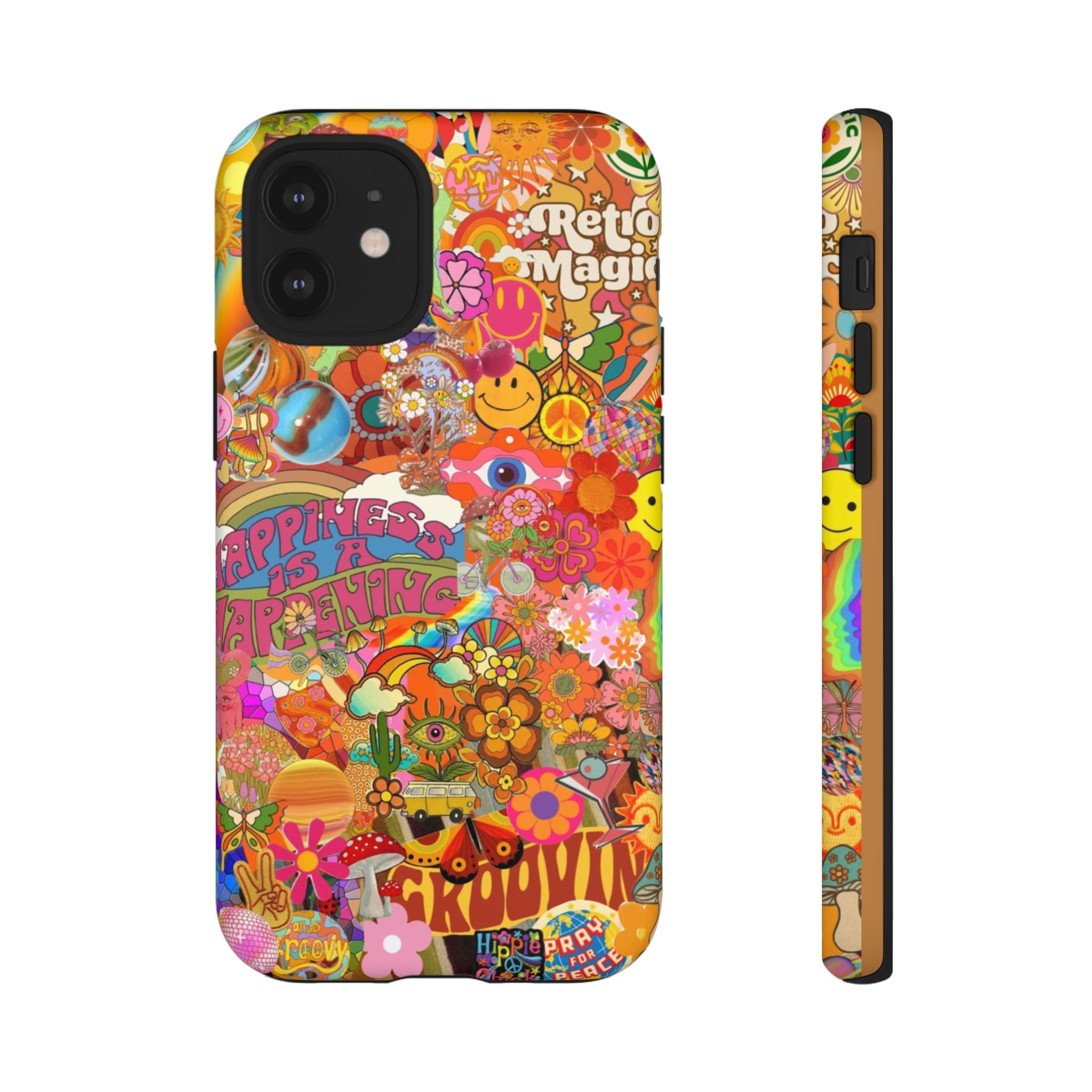 Happiness Is Happening – Groovy Hippie Retro Collage iPhone Case