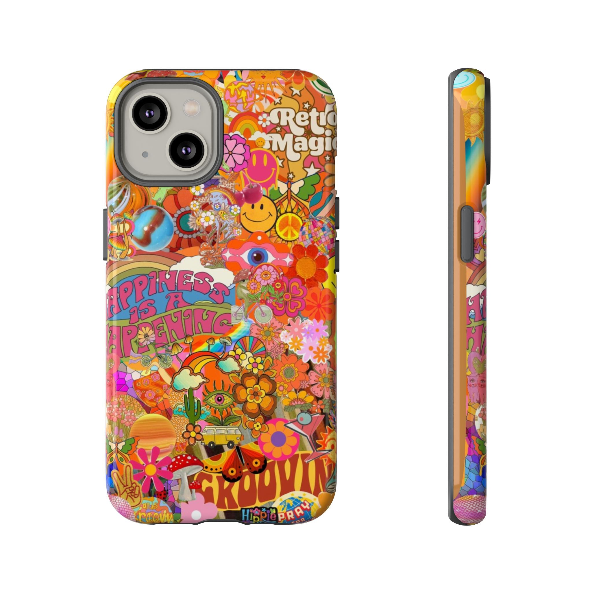 Happiness Is Happening – Groovy Hippie Retro Collage iPhone Case