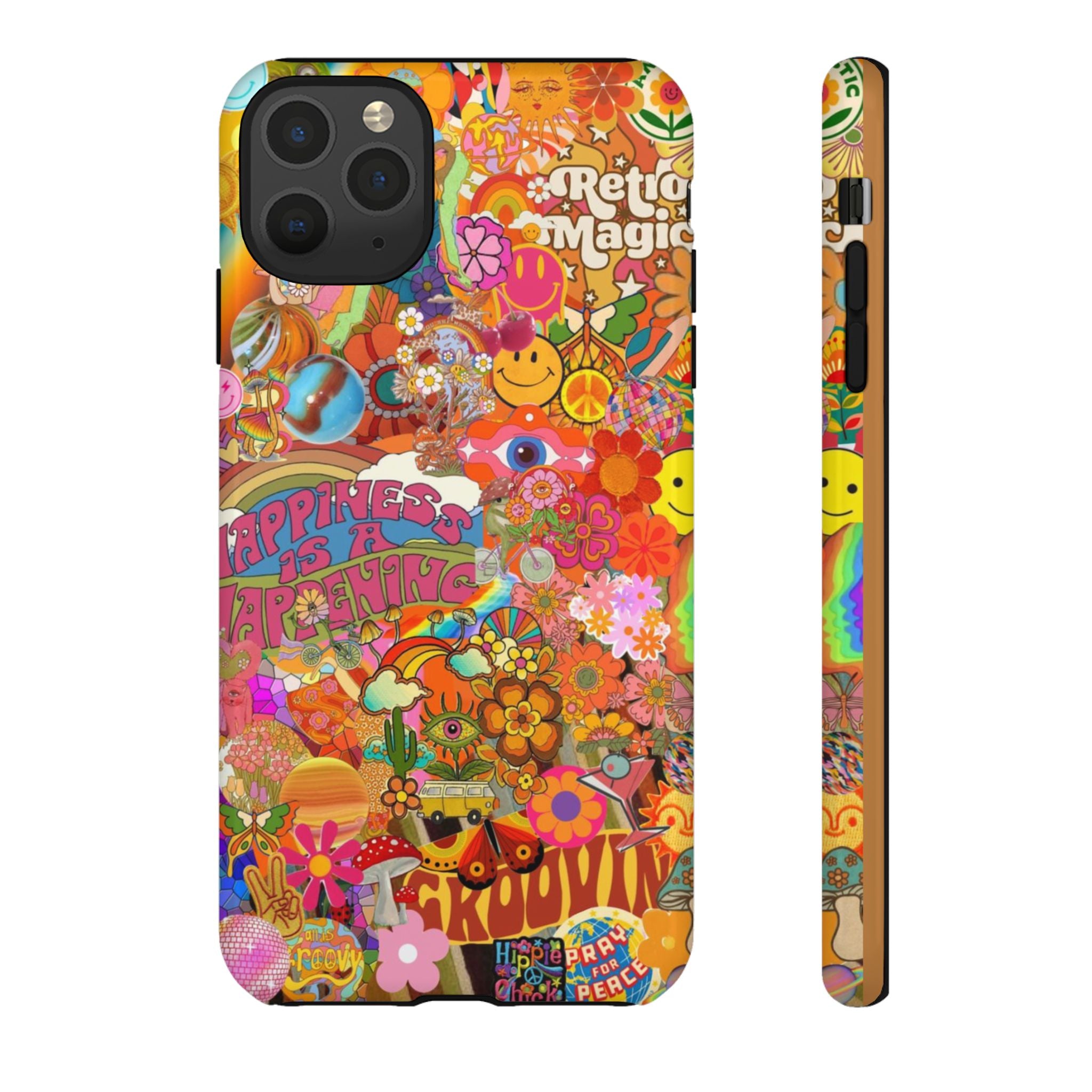 Happiness Is Happening – Groovy Hippie Retro Collage iPhone Case