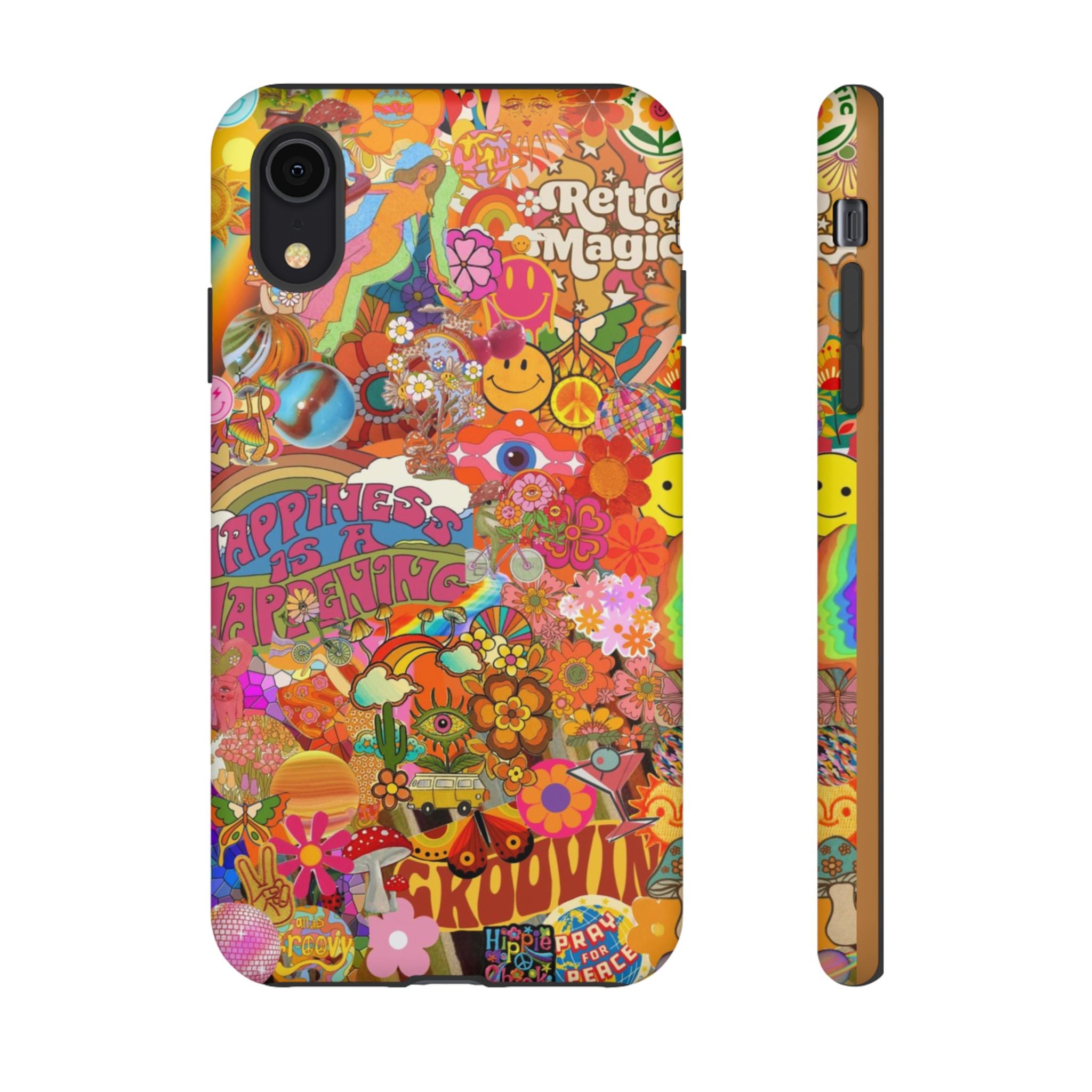 Happiness Is Happening – Groovy Hippie Retro Collage iPhone Case
