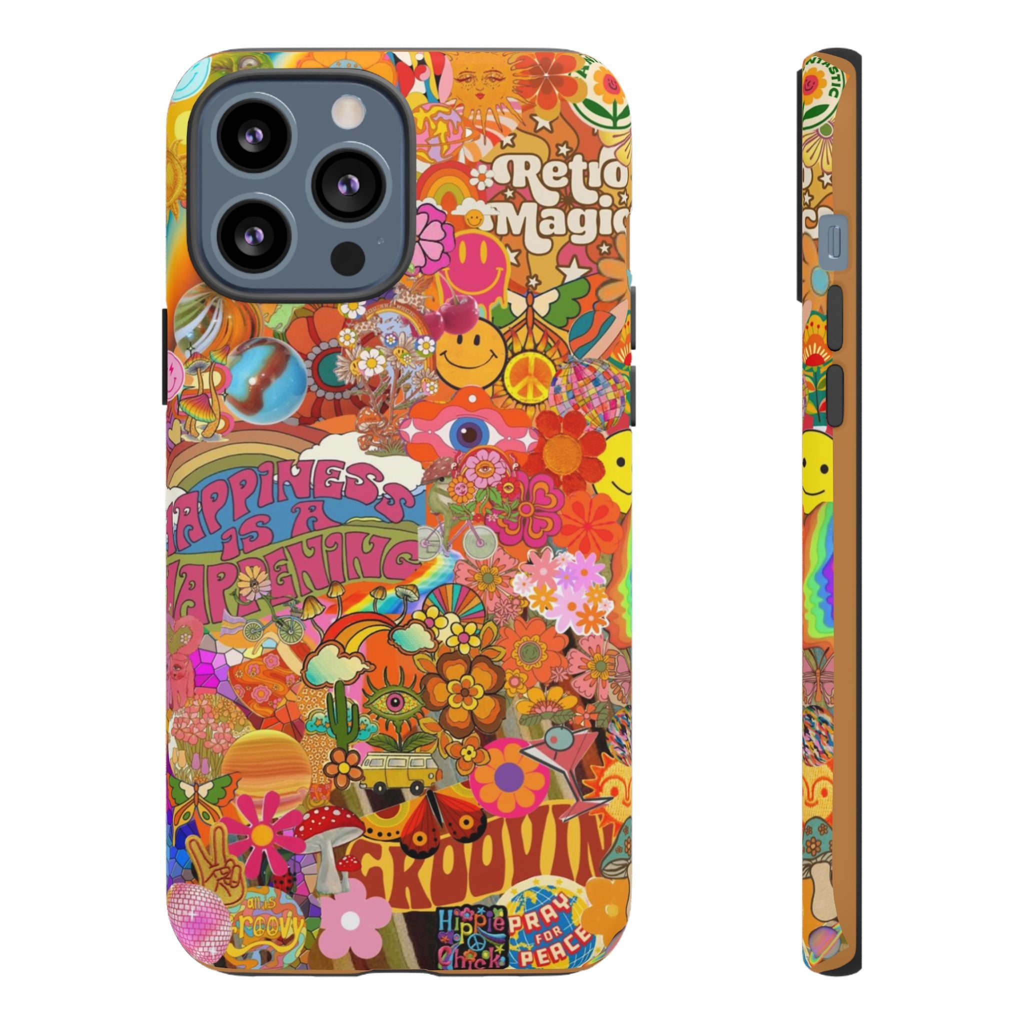 Happiness Is Happening – Groovy Hippie Retro Collage iPhone Case