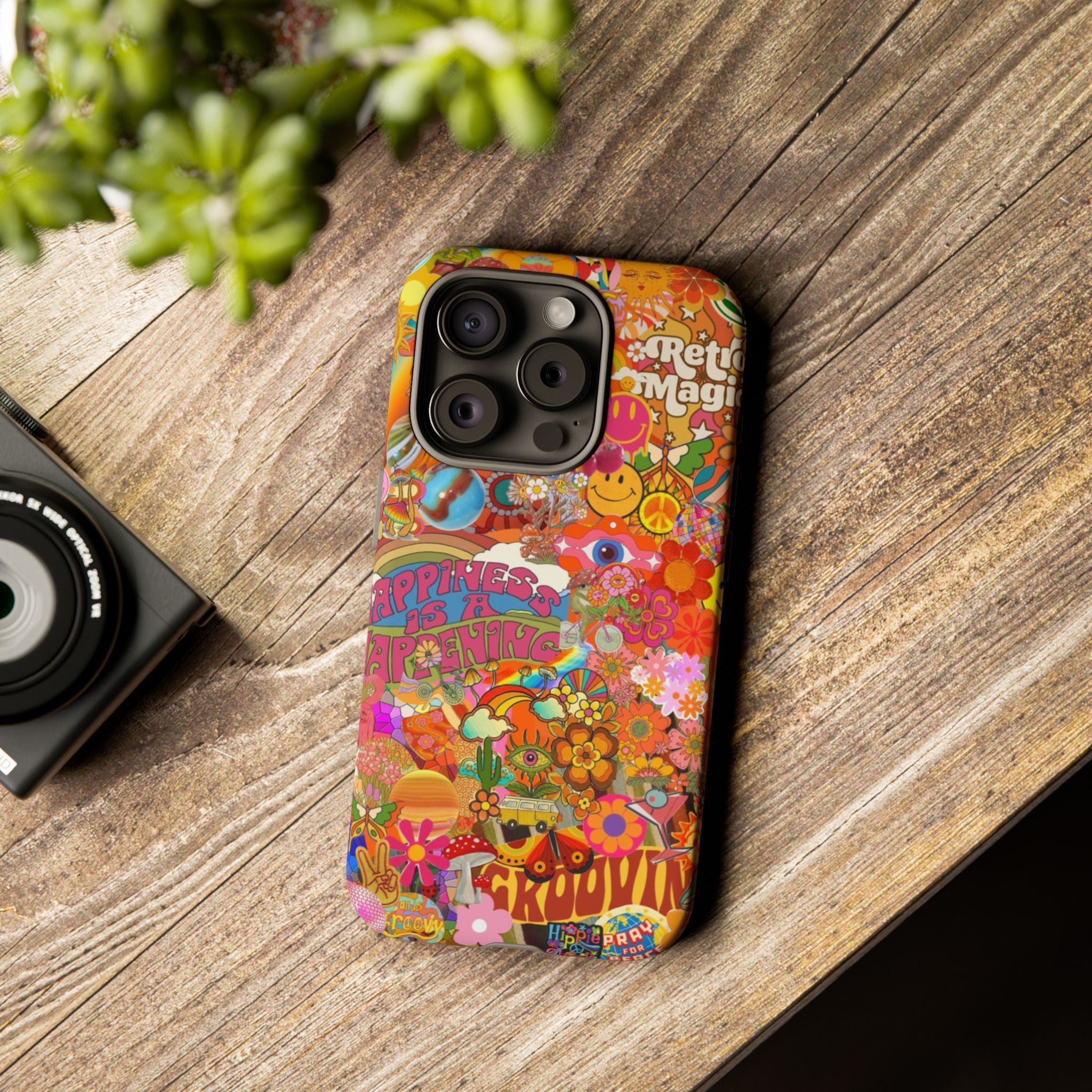 Happiness Is Happening – Groovy Hippie Retro Collage iPhone Case