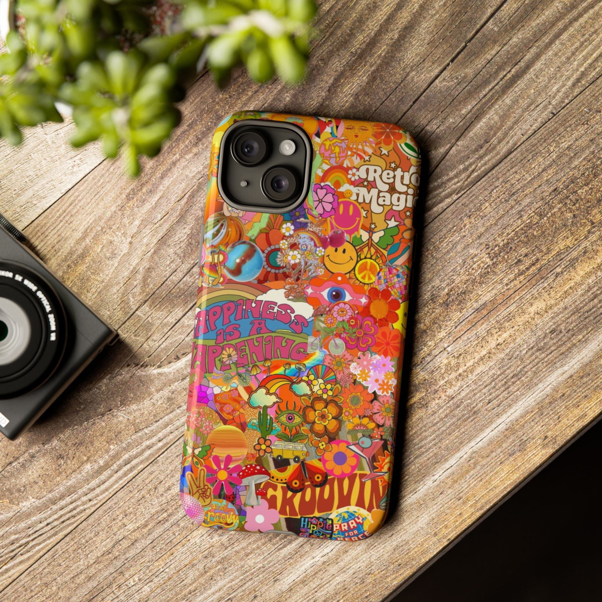 Happiness Is Happening – Groovy Hippie Retro Collage iPhone Case