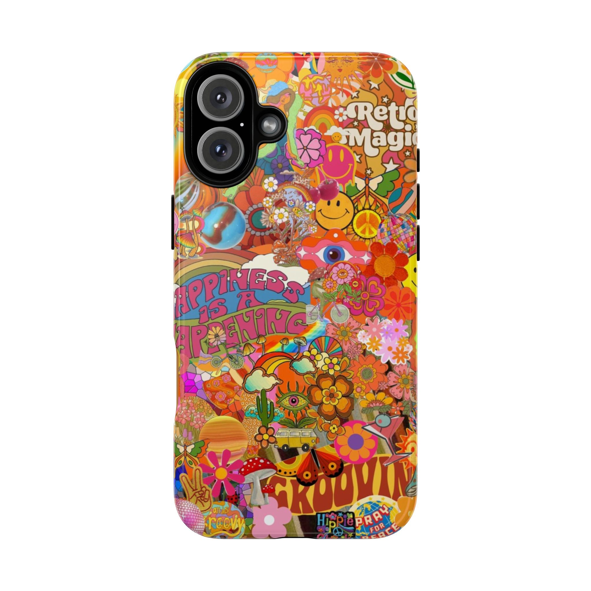 Happiness Is Happening – Groovy Hippie Retro Collage iPhone Case
