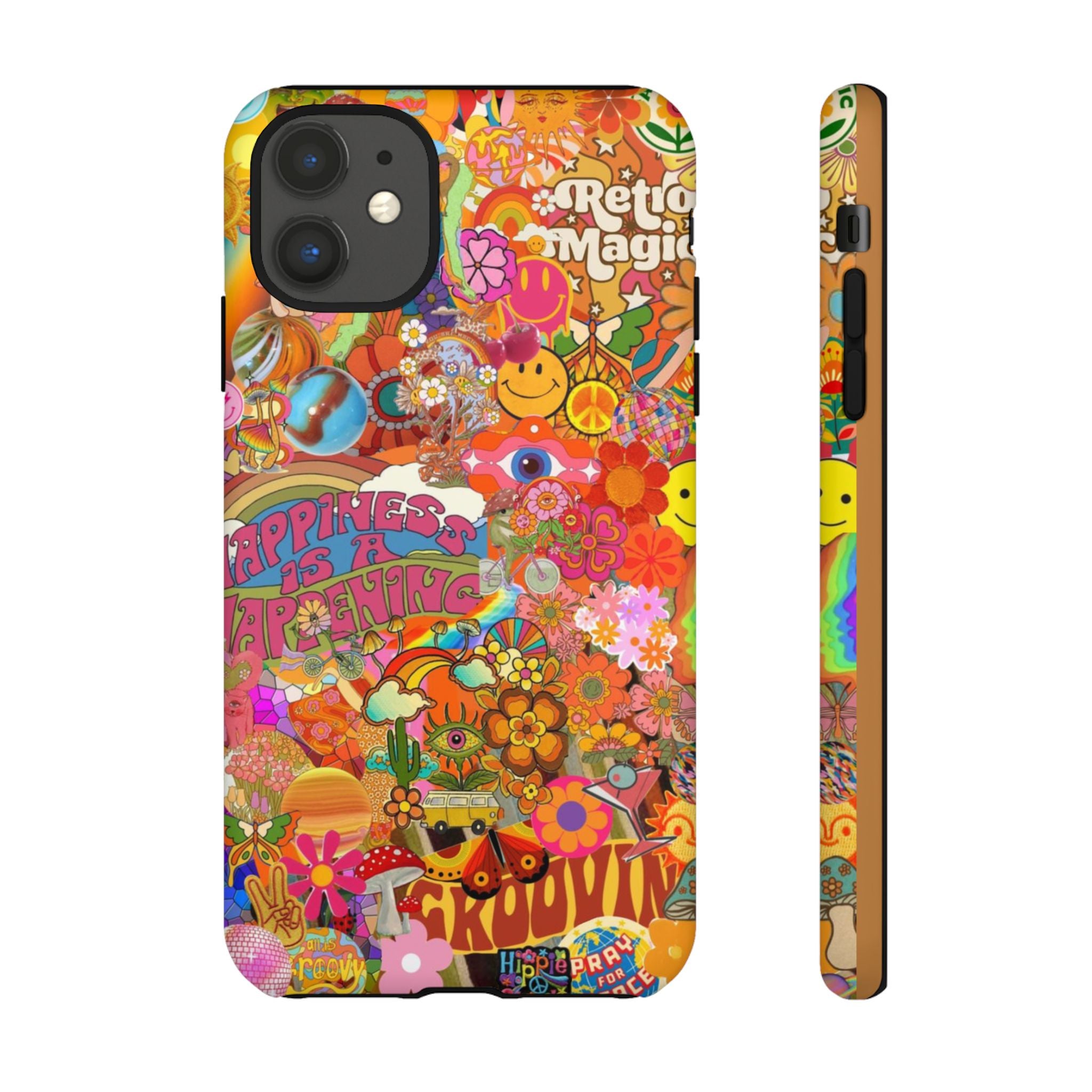 Happiness Is Happening – Groovy Hippie Retro Collage iPhone Case