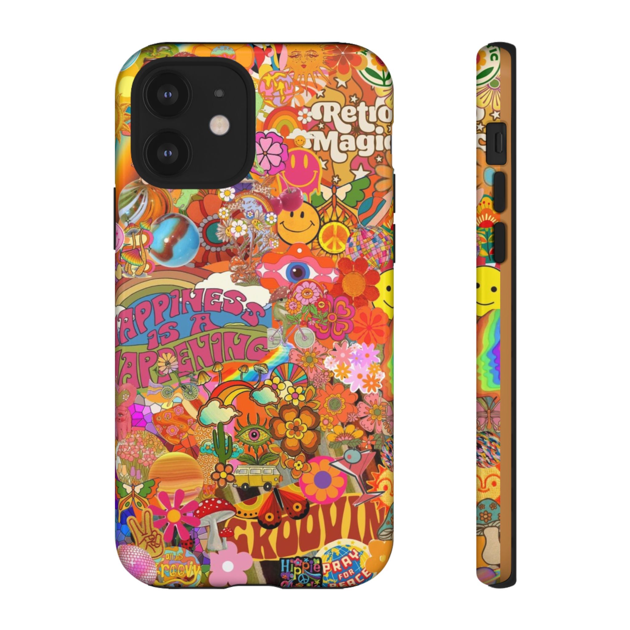 Happiness Is Happening – Groovy Hippie Retro Collage iPhone Case