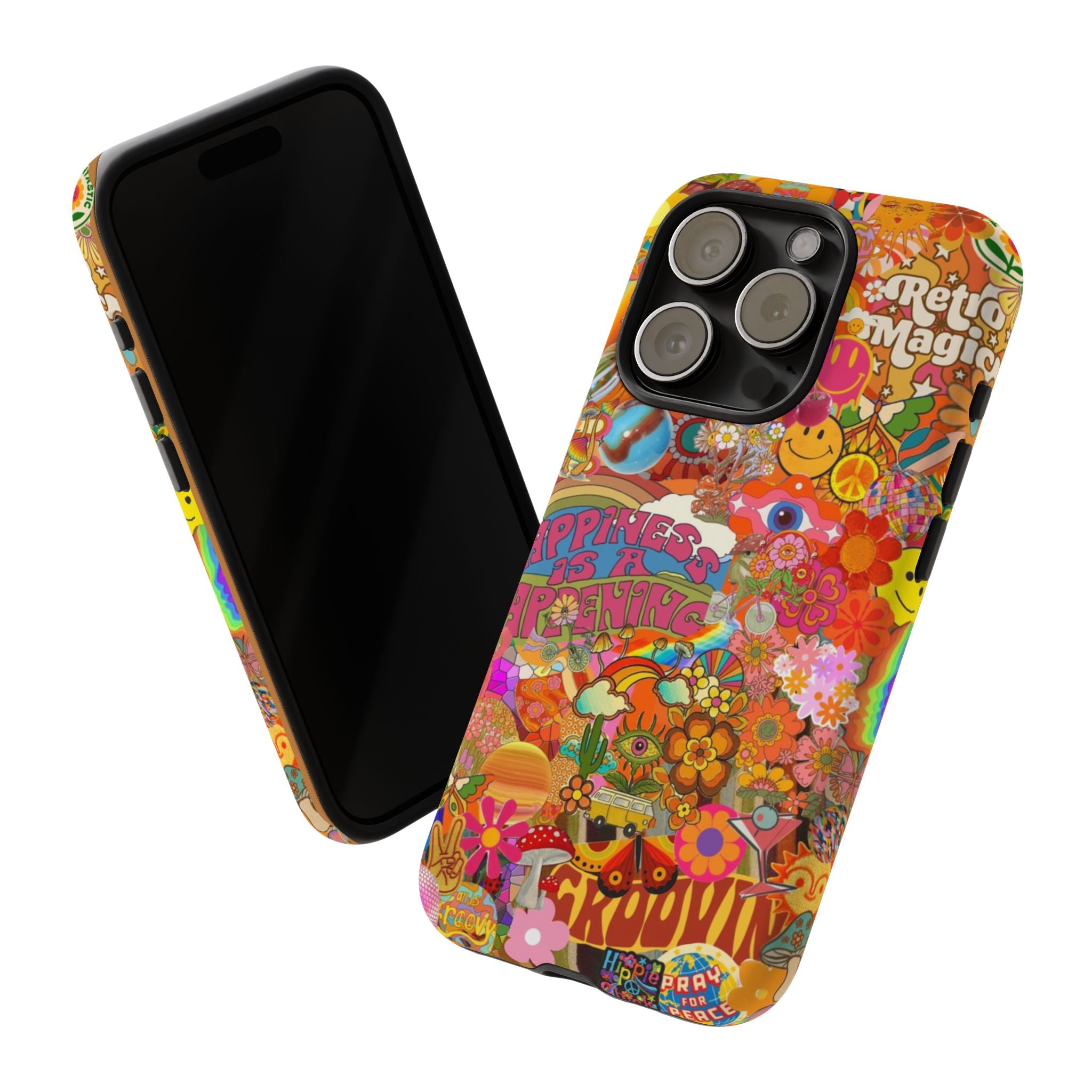 Happiness Is Happening – Groovy Hippie Retro Collage iPhone Case