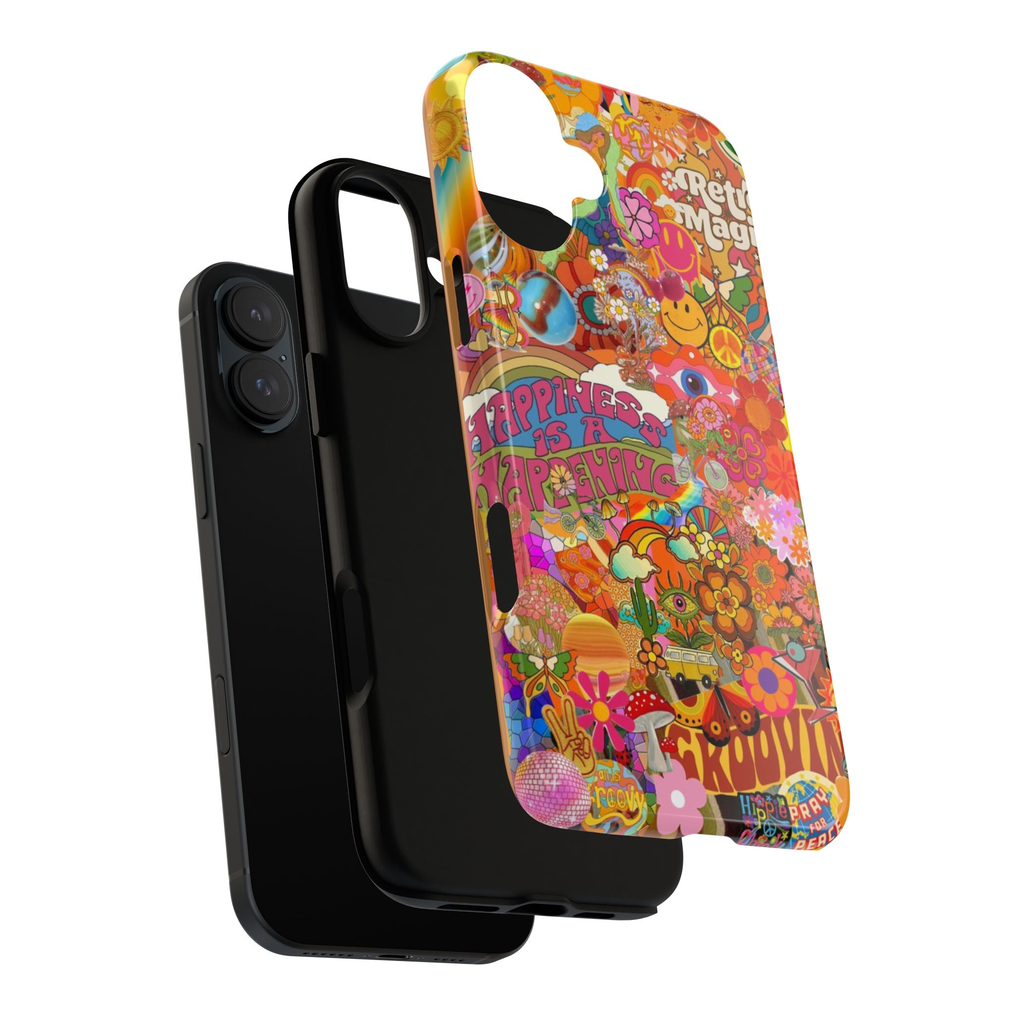 Happiness Is Happening – Groovy Hippie Retro Collage iPhone Case