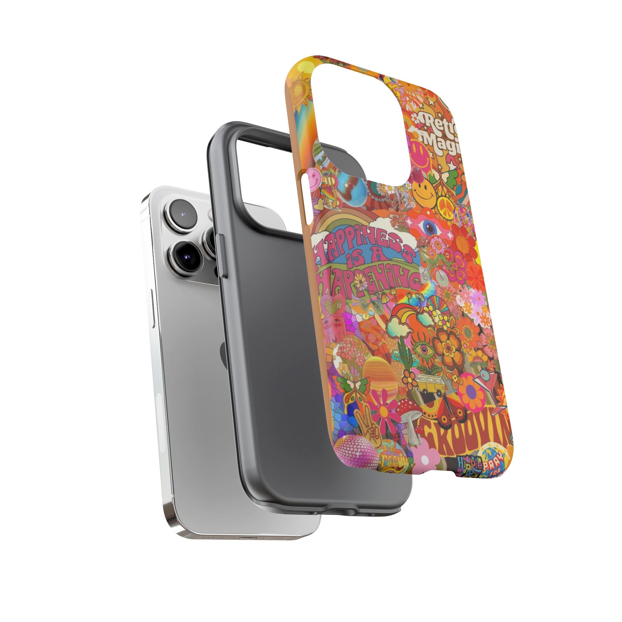 Happiness Is Happening – Groovy Hippie Retro Collage iPhone Case