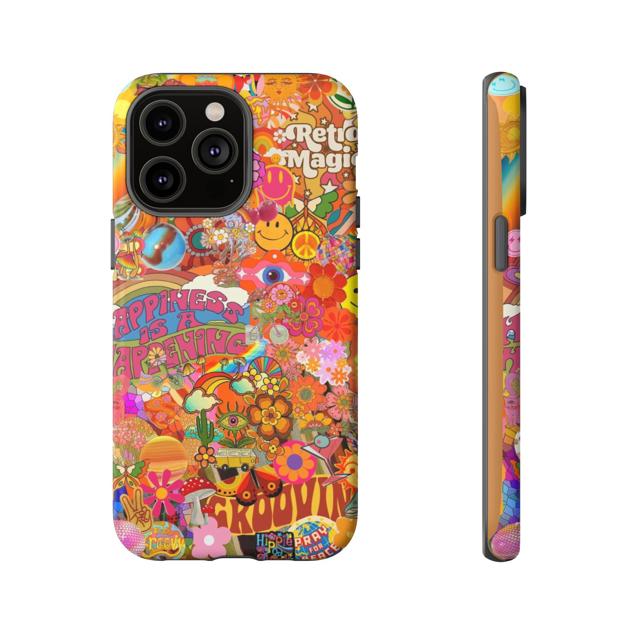 Happiness Is Happening – Groovy Hippie Retro Collage iPhone Case