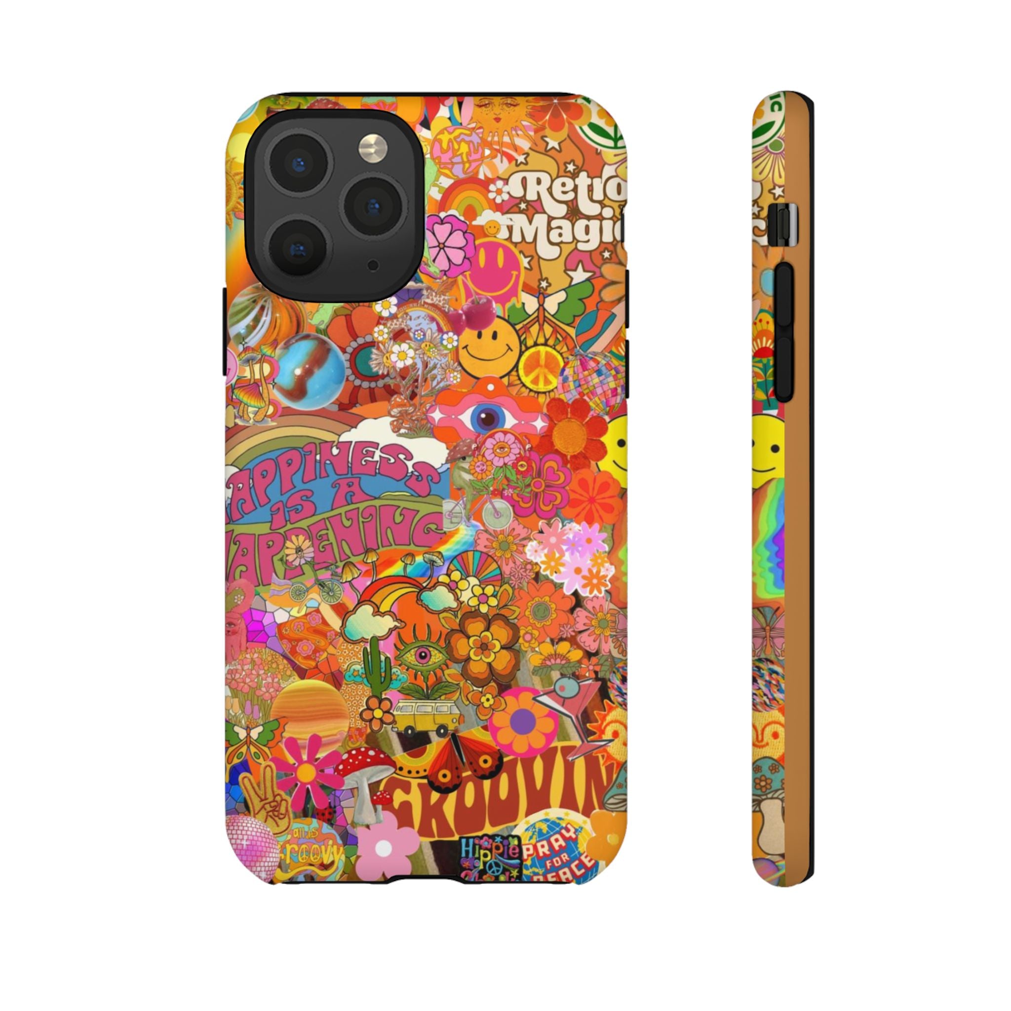 Happiness Is Happening – Groovy Hippie Retro Collage iPhone Case