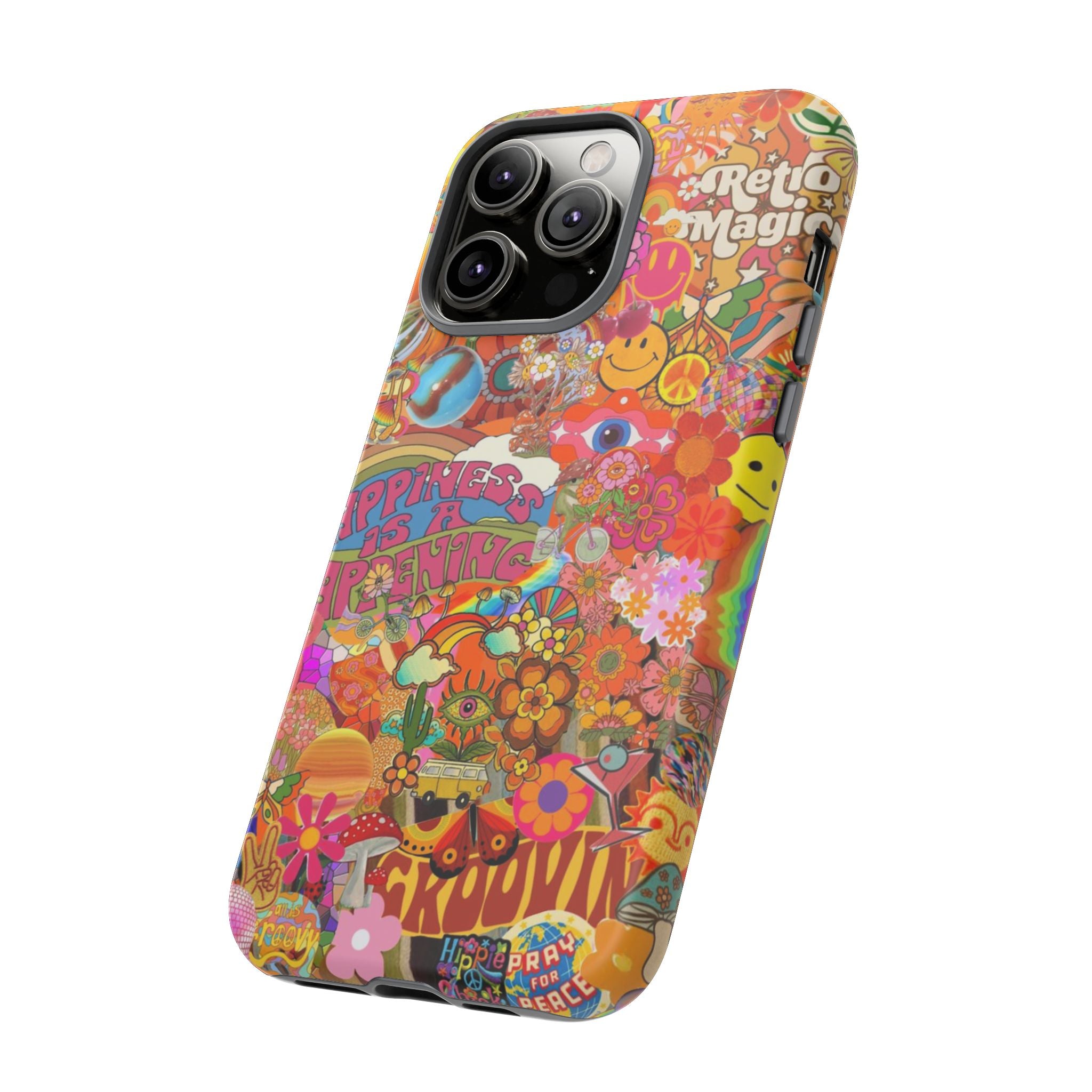 Happiness Is Happening – Groovy Hippie Retro Collage iPhone Case
