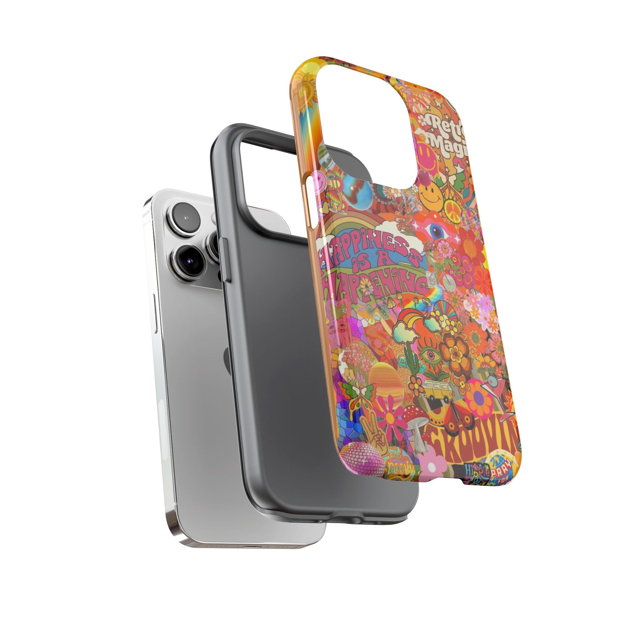 Happiness Is Happening – Groovy Hippie Retro Collage iPhone Case