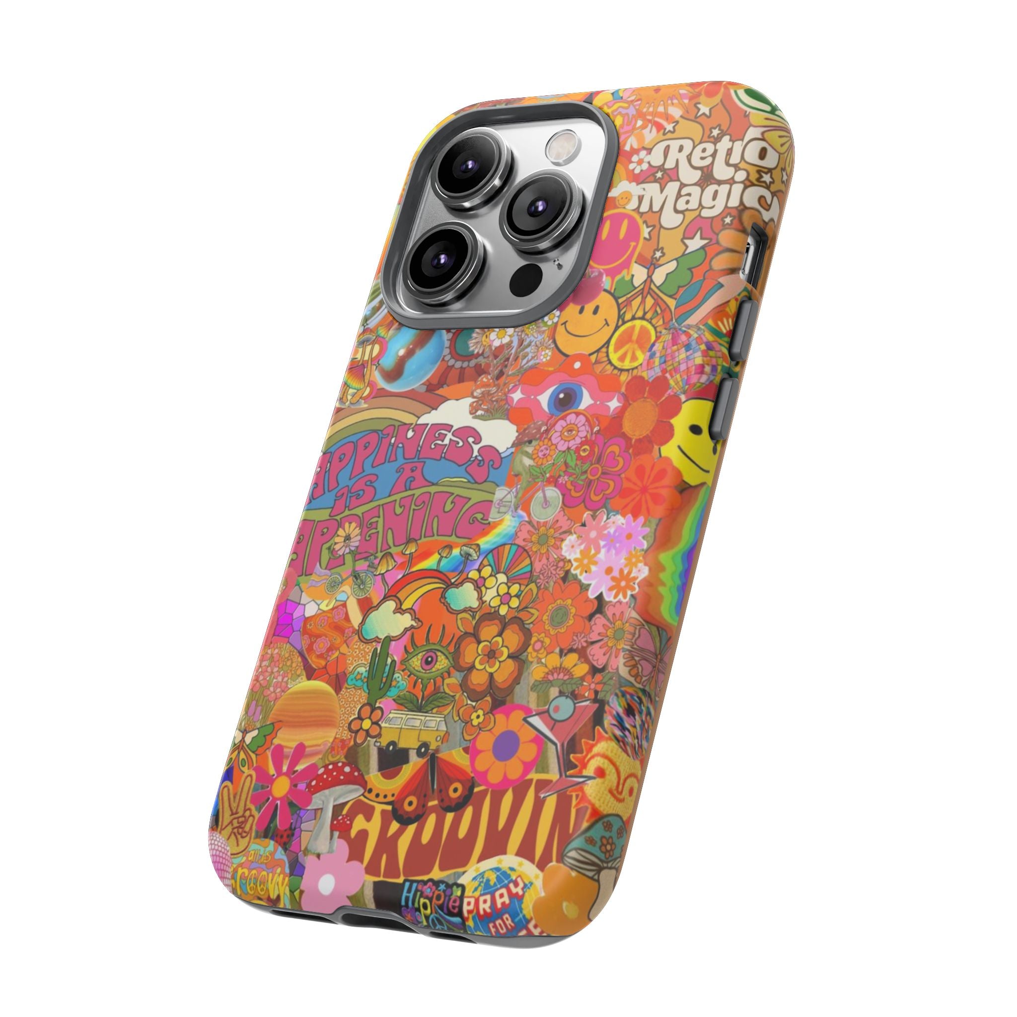 Happiness Is Happening – Groovy Hippie Retro Collage iPhone Case