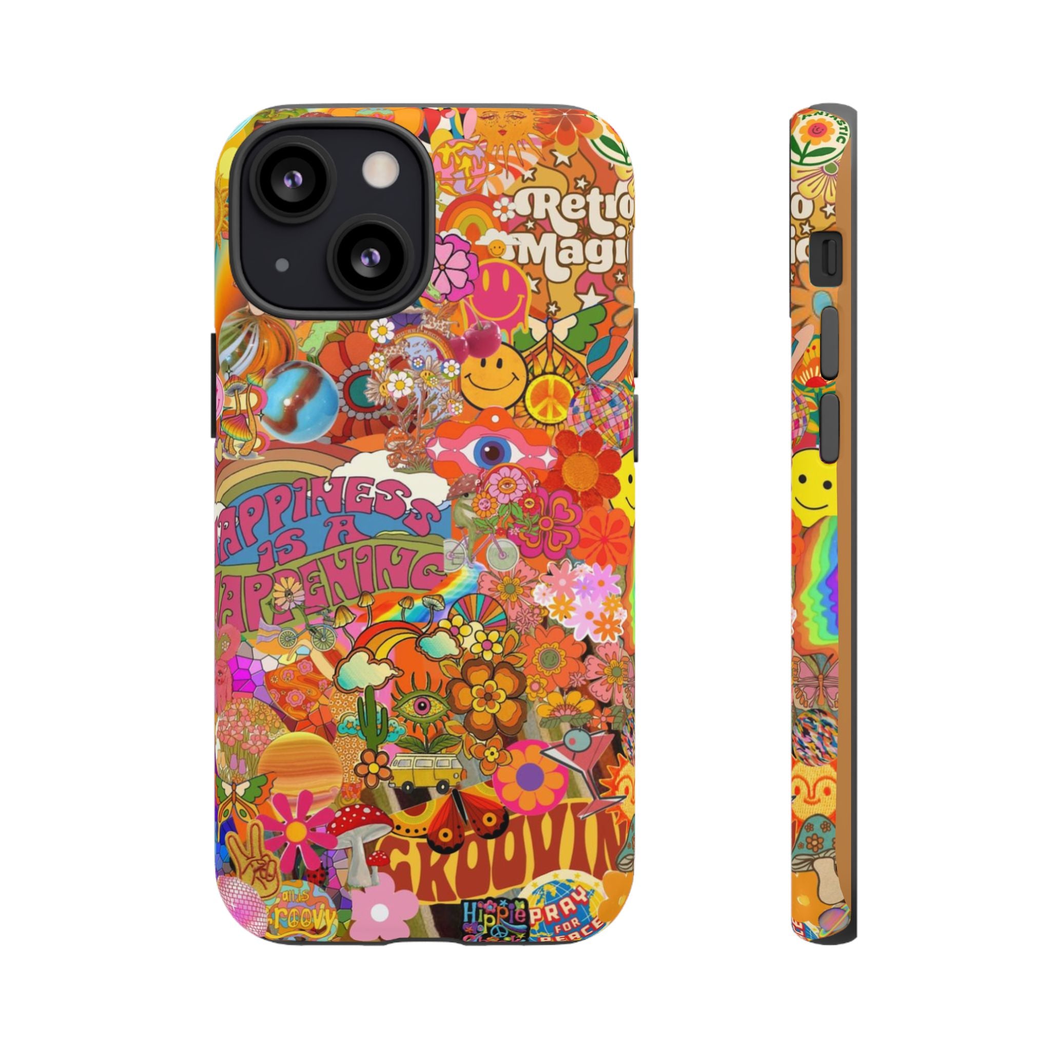 Happiness Is Happening – Groovy Hippie Retro Collage iPhone Case