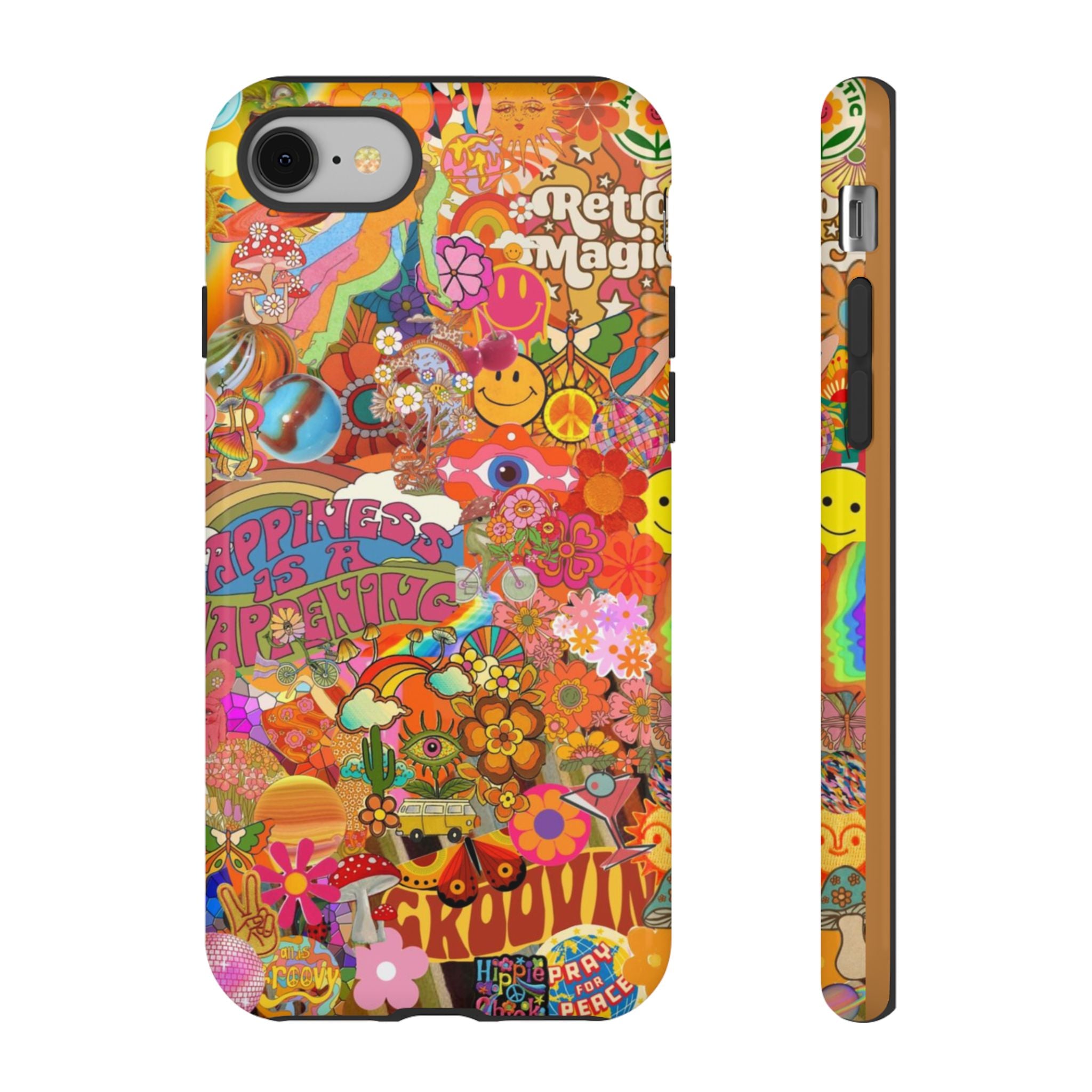 Happiness Is Happening – Groovy Hippie Retro Collage iPhone Case