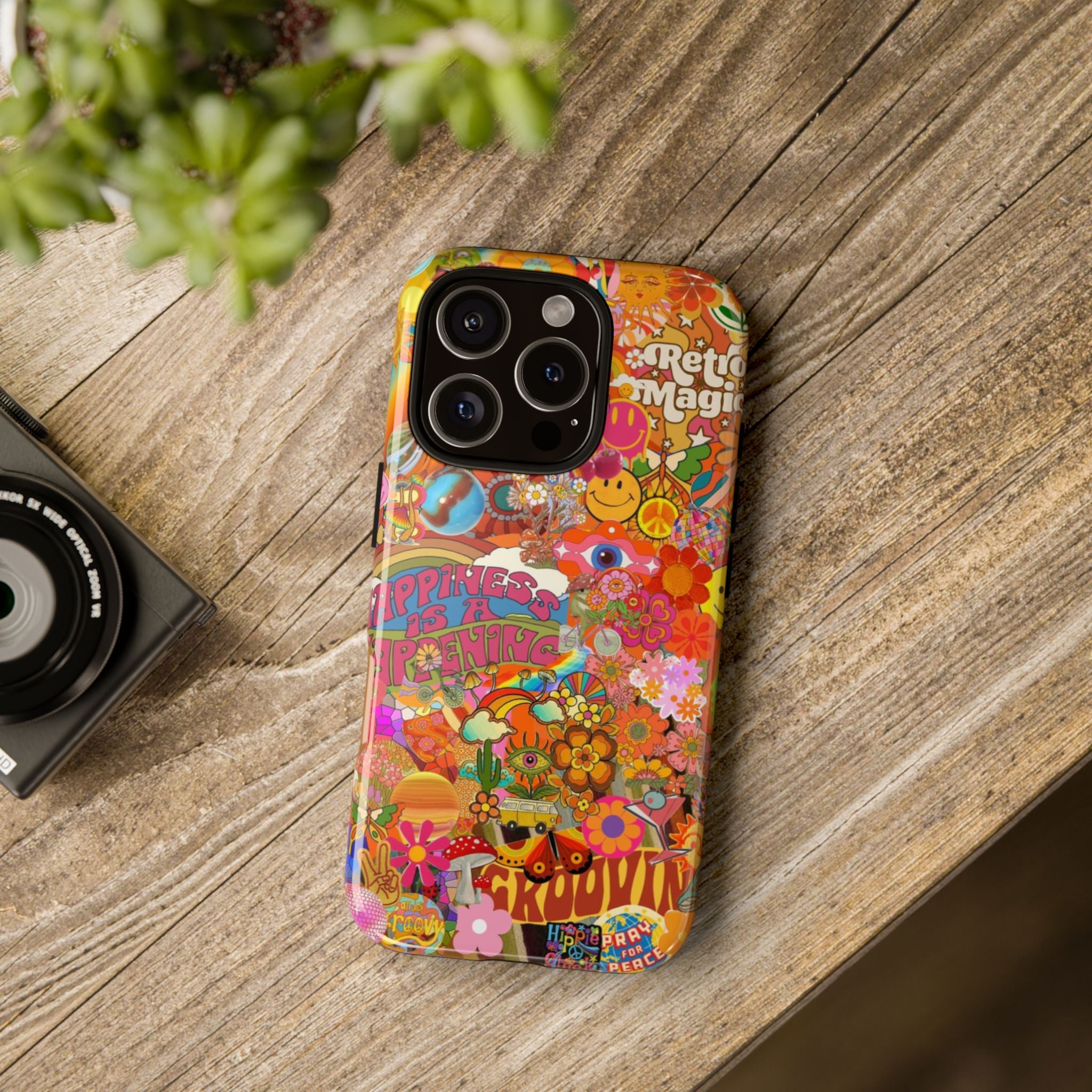 Happiness Is Happening – Groovy Hippie Retro Collage iPhone Case