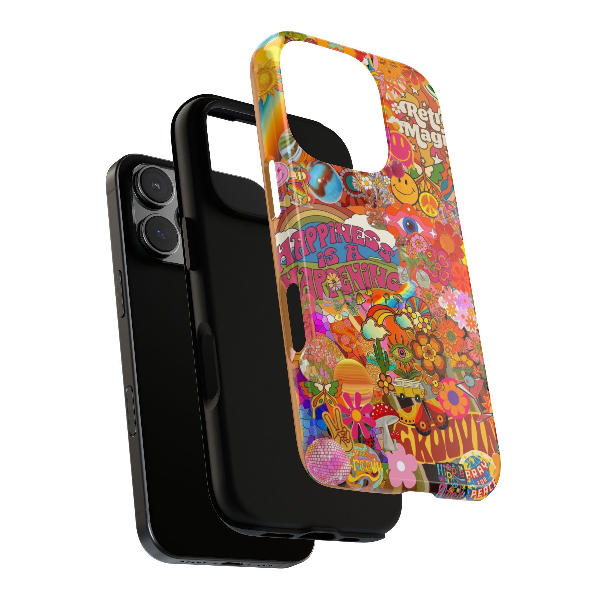 Happiness Is Happening – Groovy Hippie Retro Collage iPhone Case