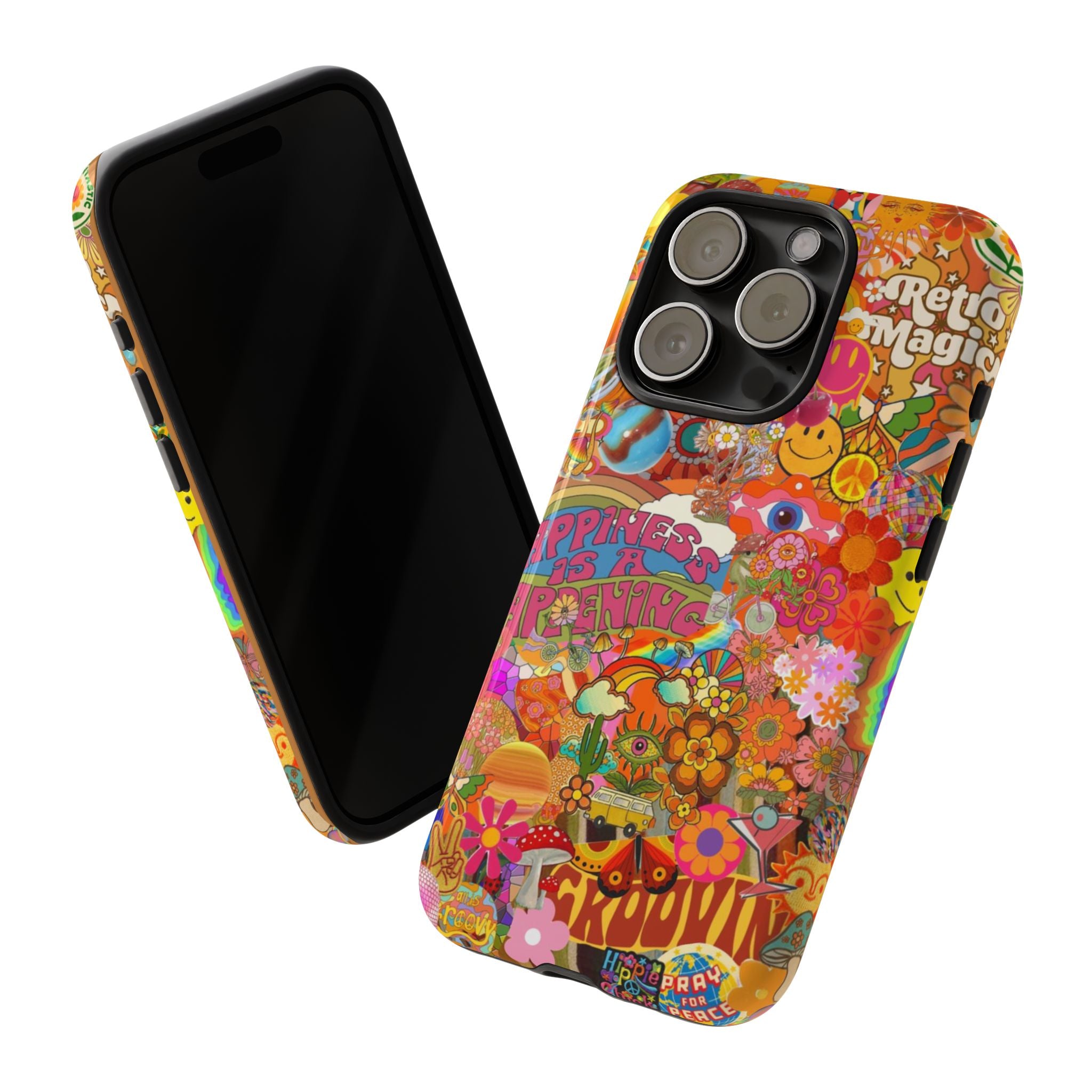 Happiness Is Happening – Groovy Hippie Retro Collage iPhone Case
