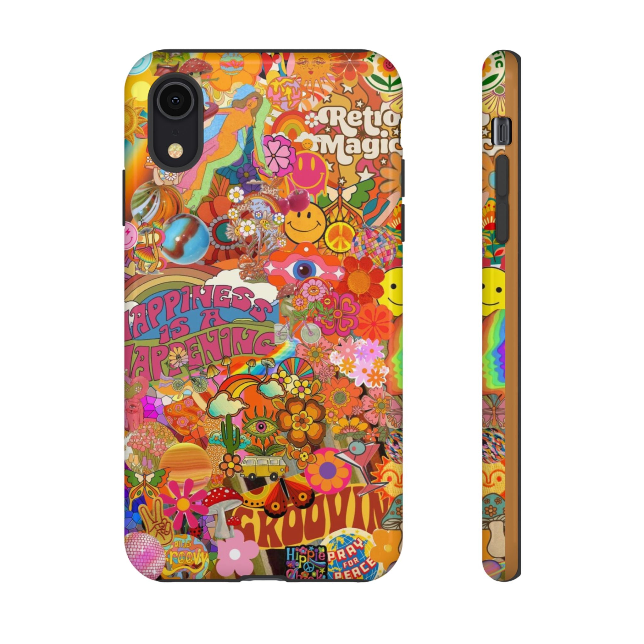 Happiness Is Happening – Groovy Hippie Retro Collage iPhone Case