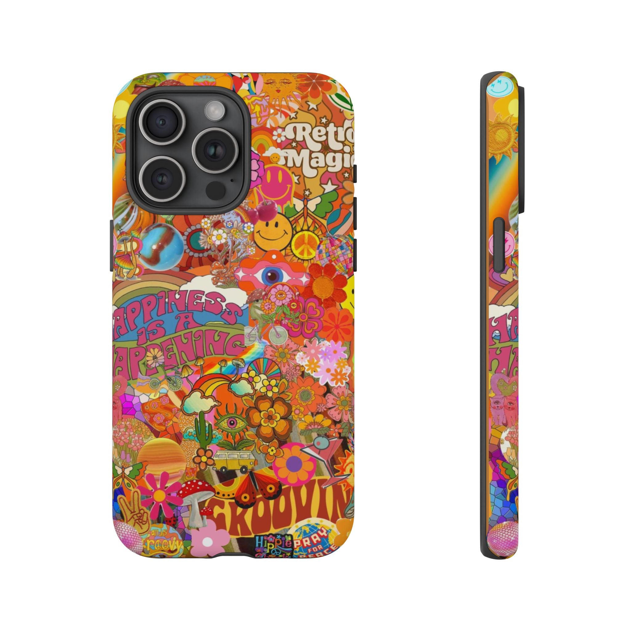 Happiness Is Happening – Groovy Hippie Retro Collage iPhone Case
