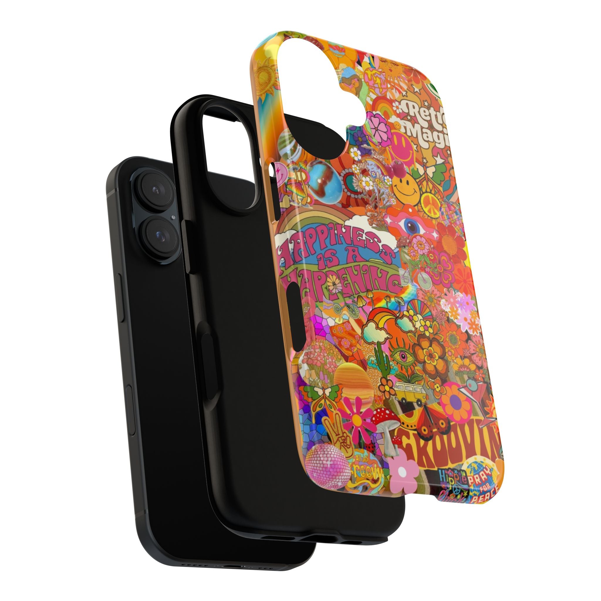 Happiness Is Happening – Groovy Hippie Retro Collage iPhone Case