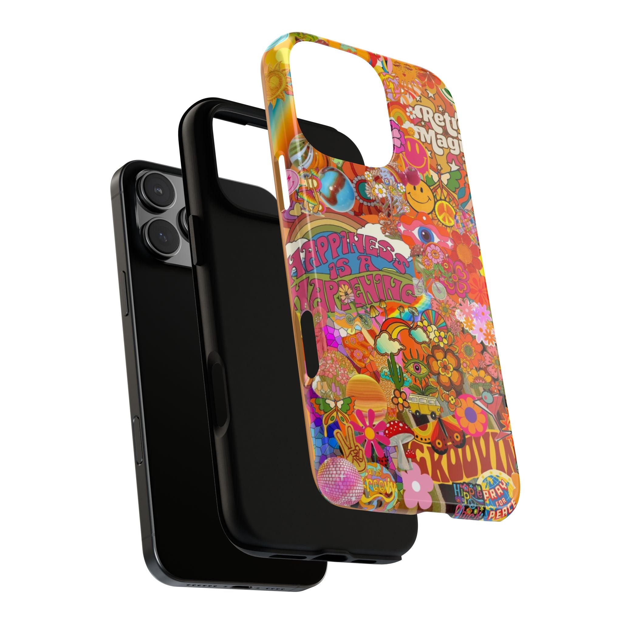 Happiness Is Happening – Groovy Hippie Retro Collage iPhone Case