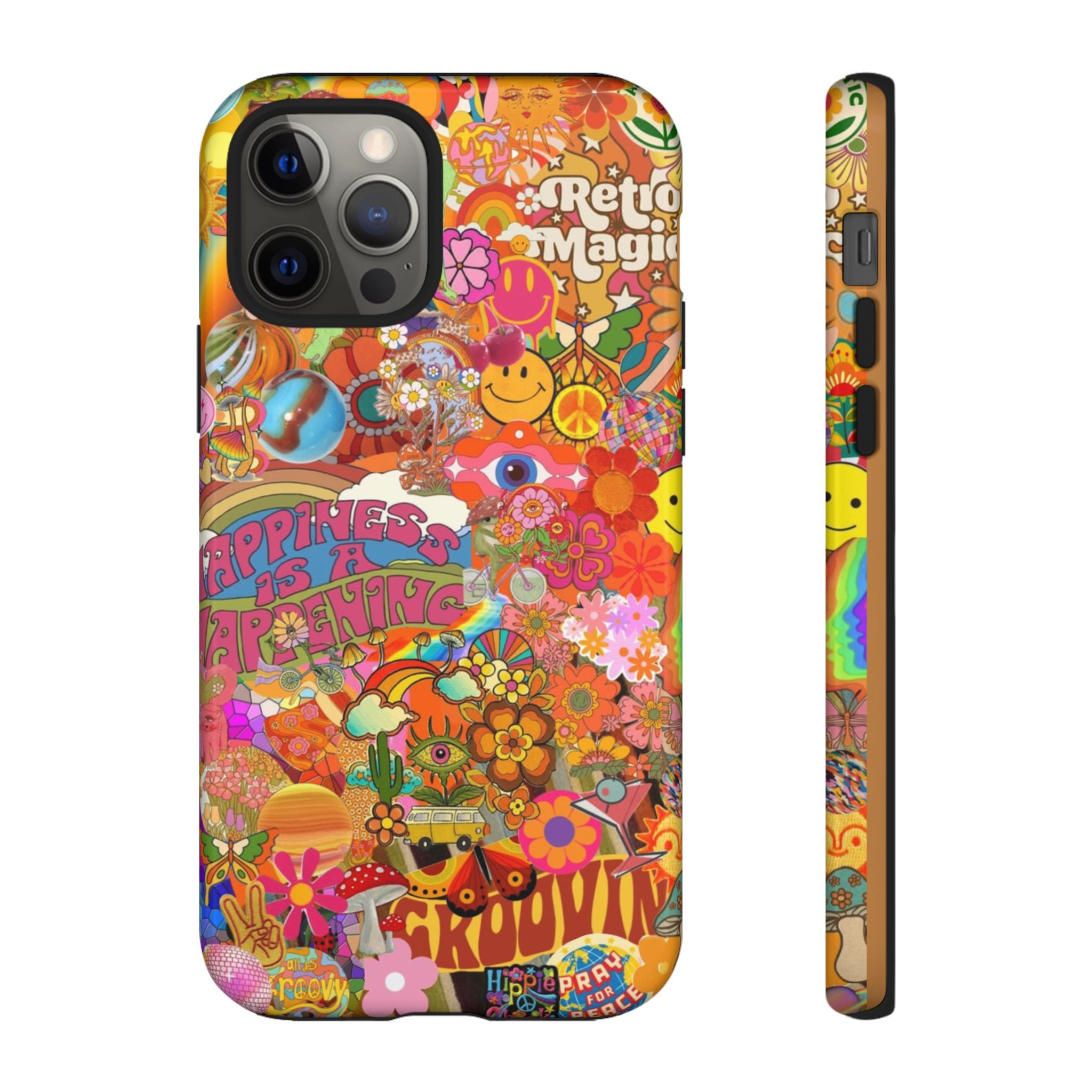 Happiness Is Happening – Groovy Hippie Retro Collage iPhone Case