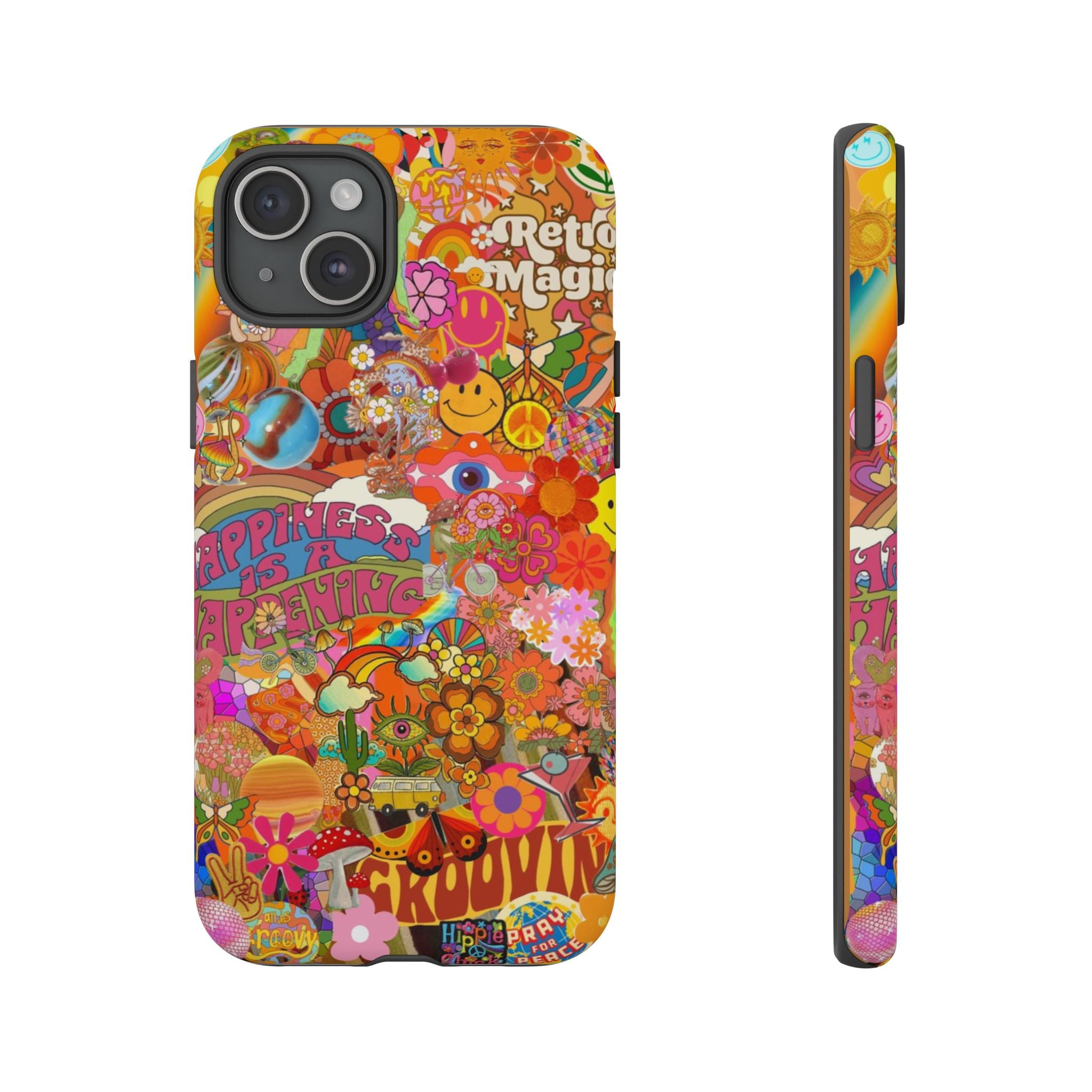 Happiness Is Happening – Groovy Hippie Retro Collage iPhone Case