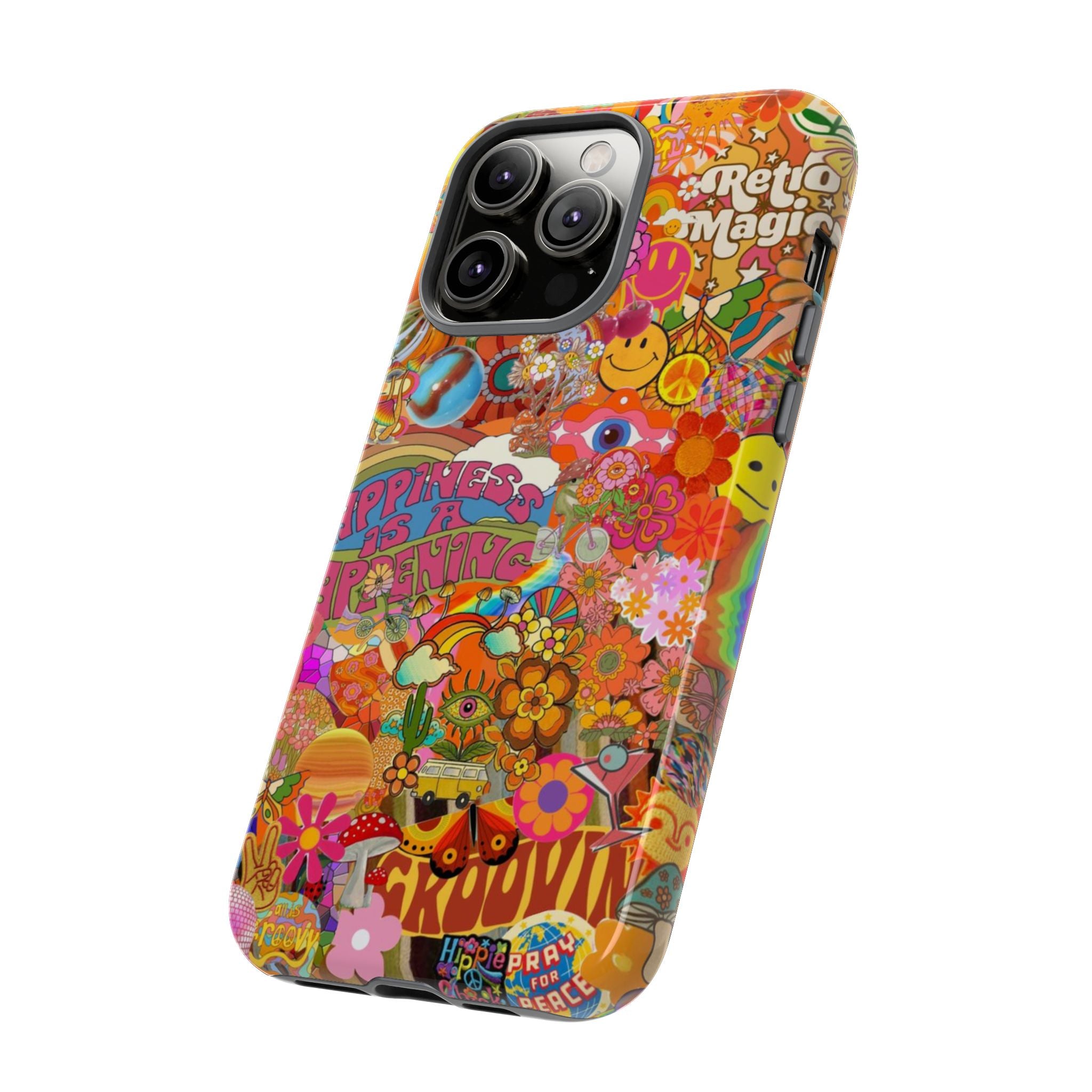 Happiness Is Happening – Groovy Hippie Retro Collage iPhone Case